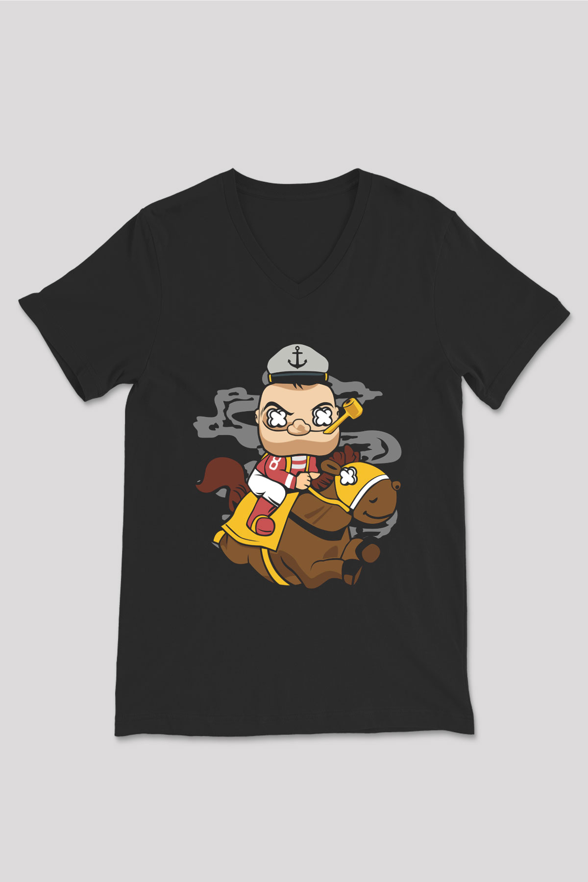 Popeye Jockey Baskılı Siyah Unisex V Yaka Tişört