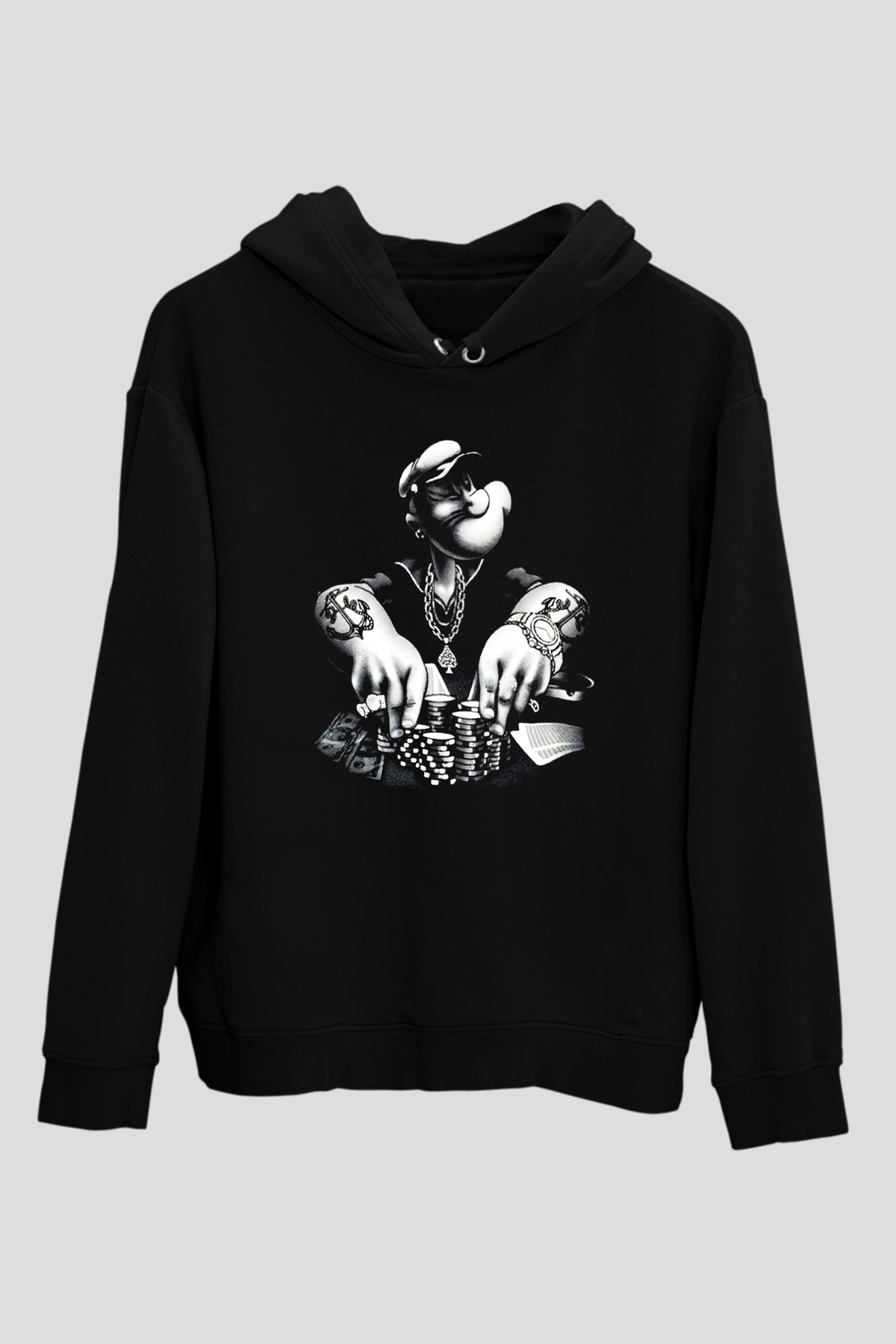 Popeye Siyah Unisex Kapüşonlu Sweatshirt