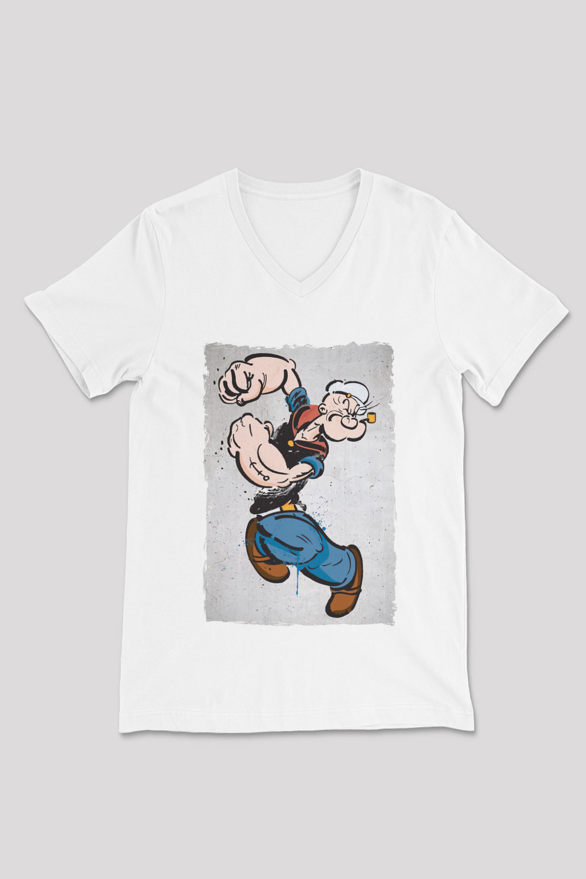 Popeye Temel Reis Baskılı Unisex Beyaz  V Yaka Tişört
