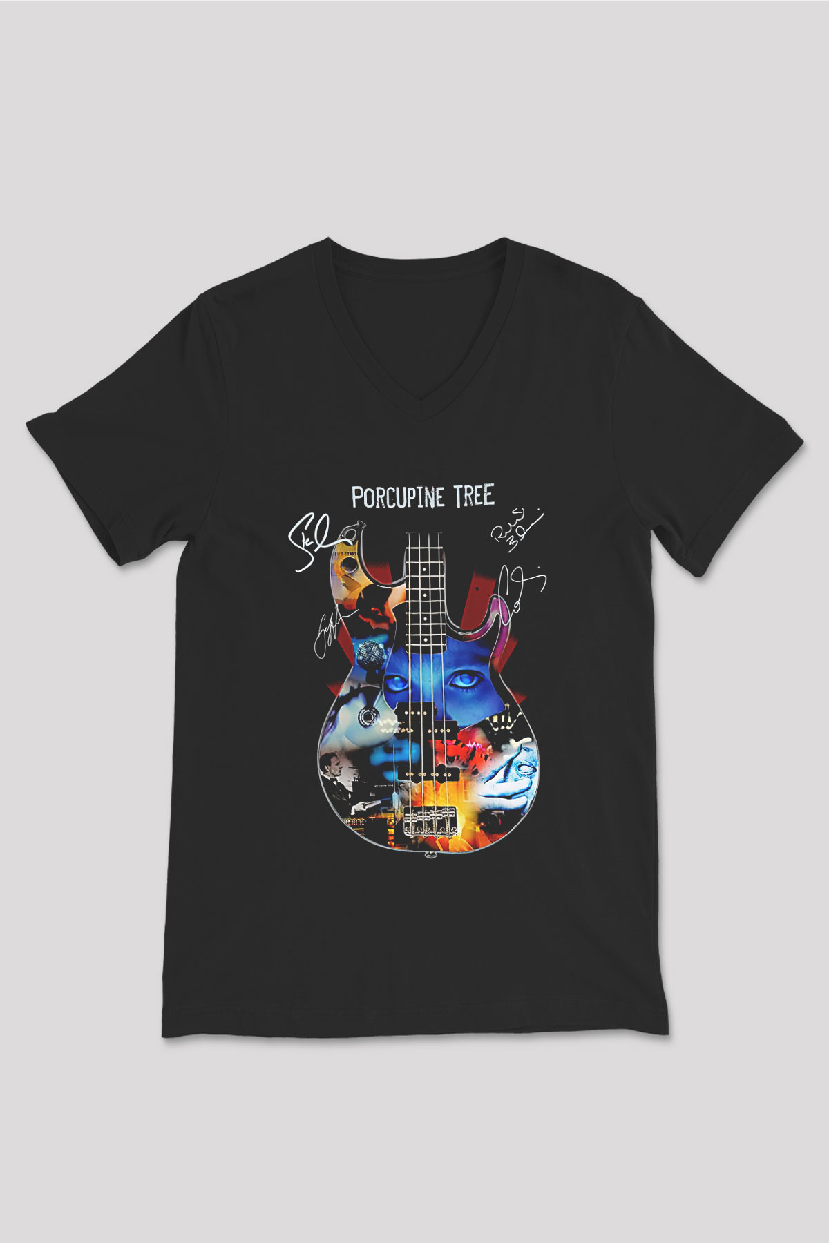 Porcupine Tree Baskılı Unisex Siyah V Yaka Tişört - Tshirt
