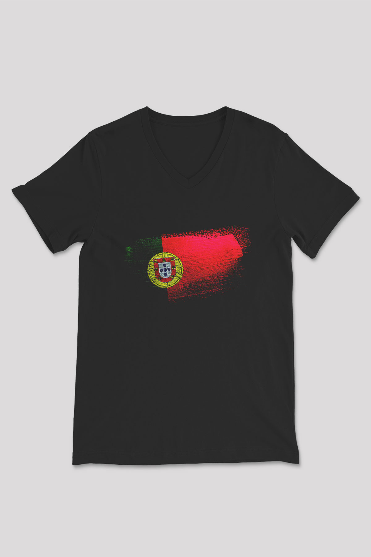 Portekiz - Portugal Bayrağı Baskılı Unisex Siyah V Yaka Tişört