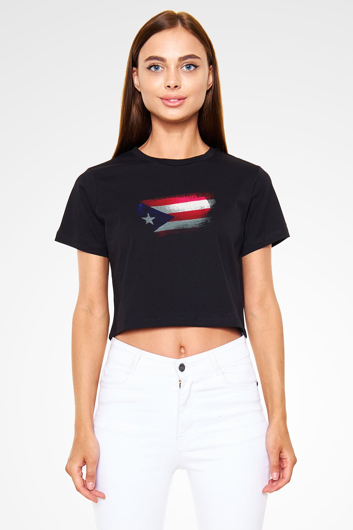 Porto Riko - Puerto Rico Bayrağı Baskılı Kadın Crop Top Siyah Tişört