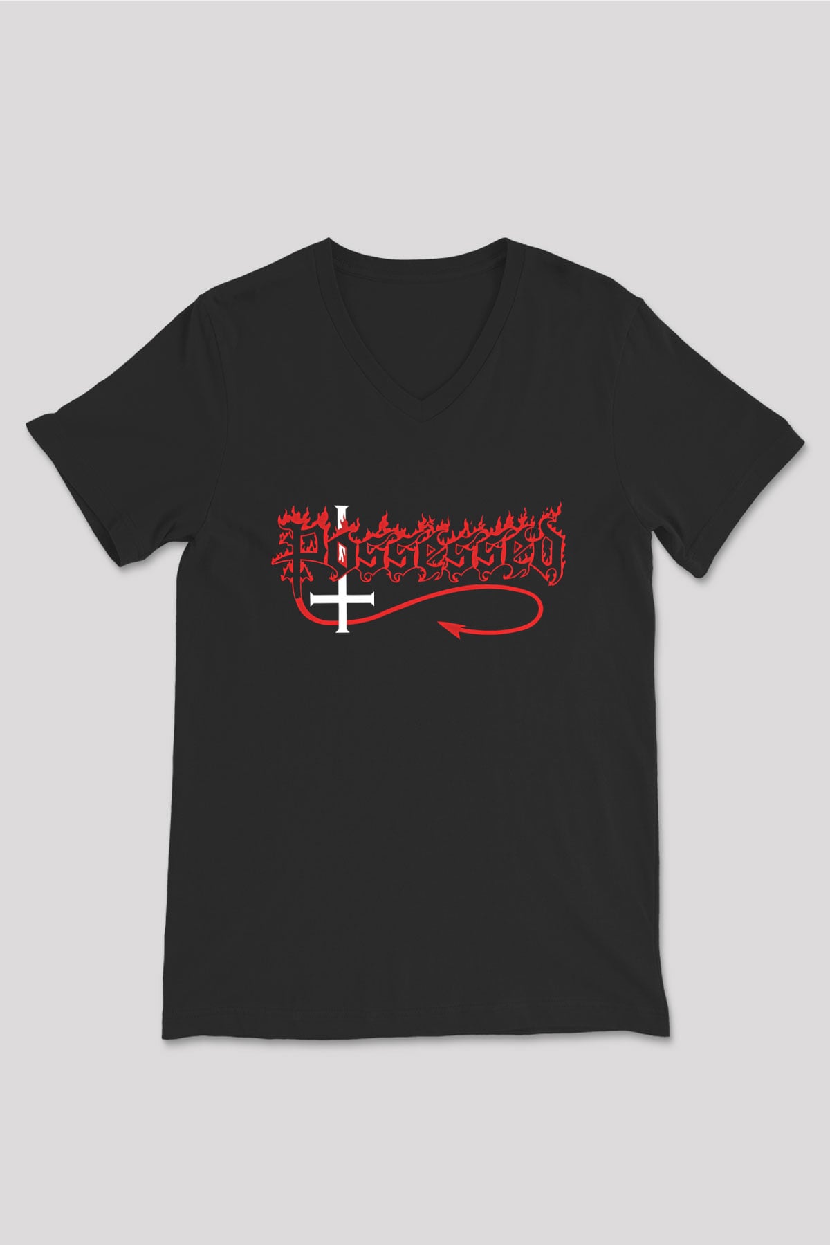 Possessed Baskılı Unisex Siyah V Yaka Tişört - Tshirt