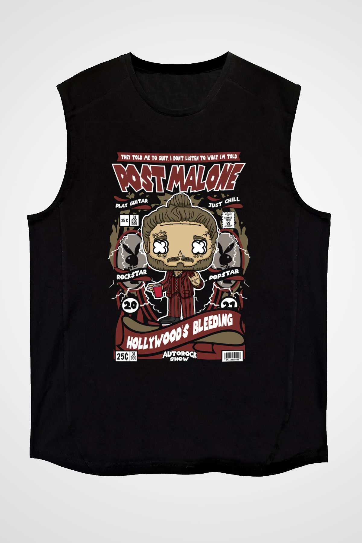 Post Malone Baskılı Unisex Siyah Kolsuz Tişört