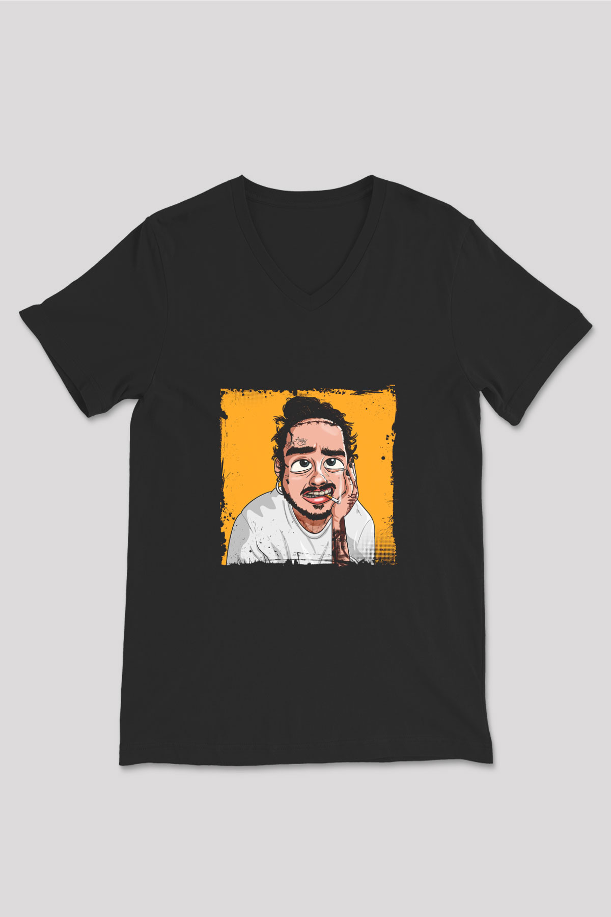 Post Malone Baskılı Unisex Siyah V Yaka Tişört