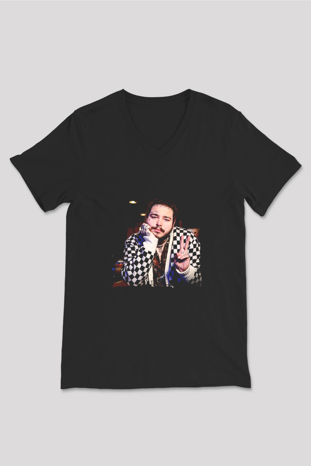 Post Malone Baskılı Unisex Siyah V Yaka Tişört