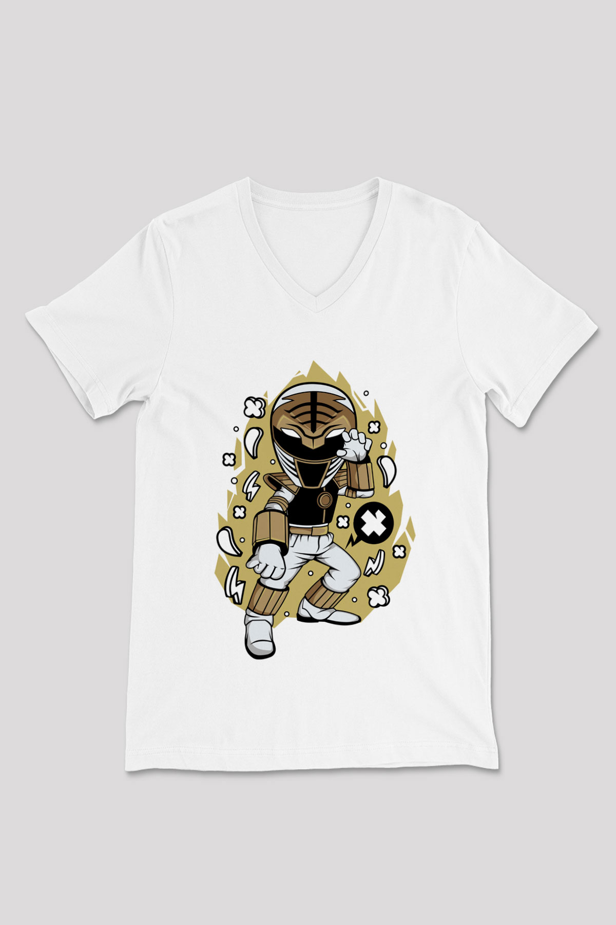 Power Ranger Baskılı Beyaz Unisex V Yaka Tişört