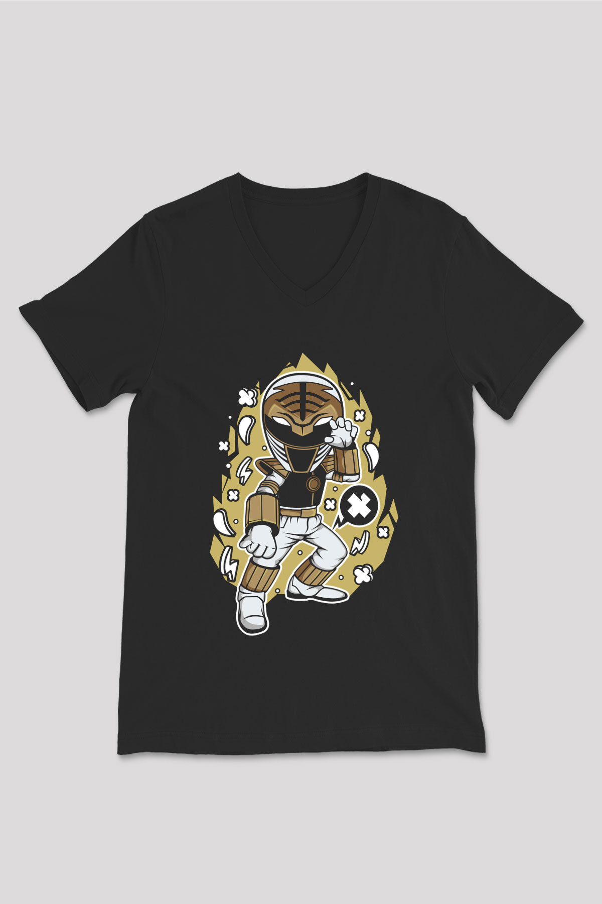 Power Ranger Baskılı Siyah Unisex V Yaka Tişört
