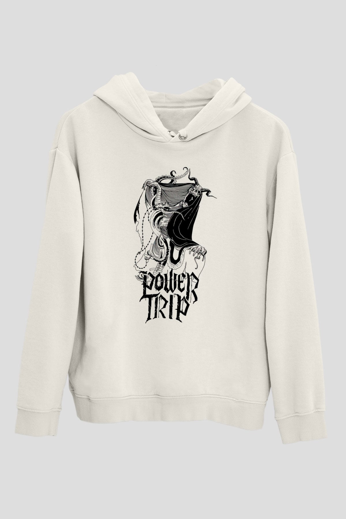Power Trip Baskılı Beyaz Unisex Kapüşonlu Sweatshirt
