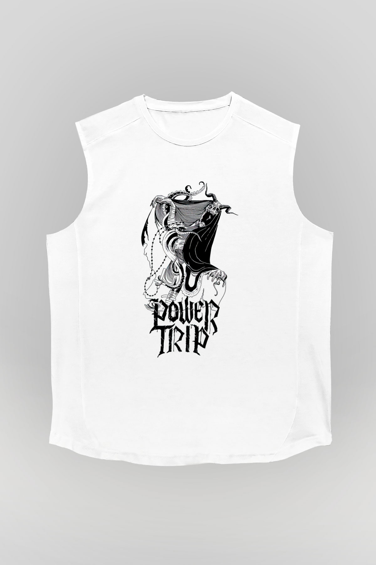 Power Trip Baskılı Beyaz Unisex Kolsuz Tişört - Tshirt