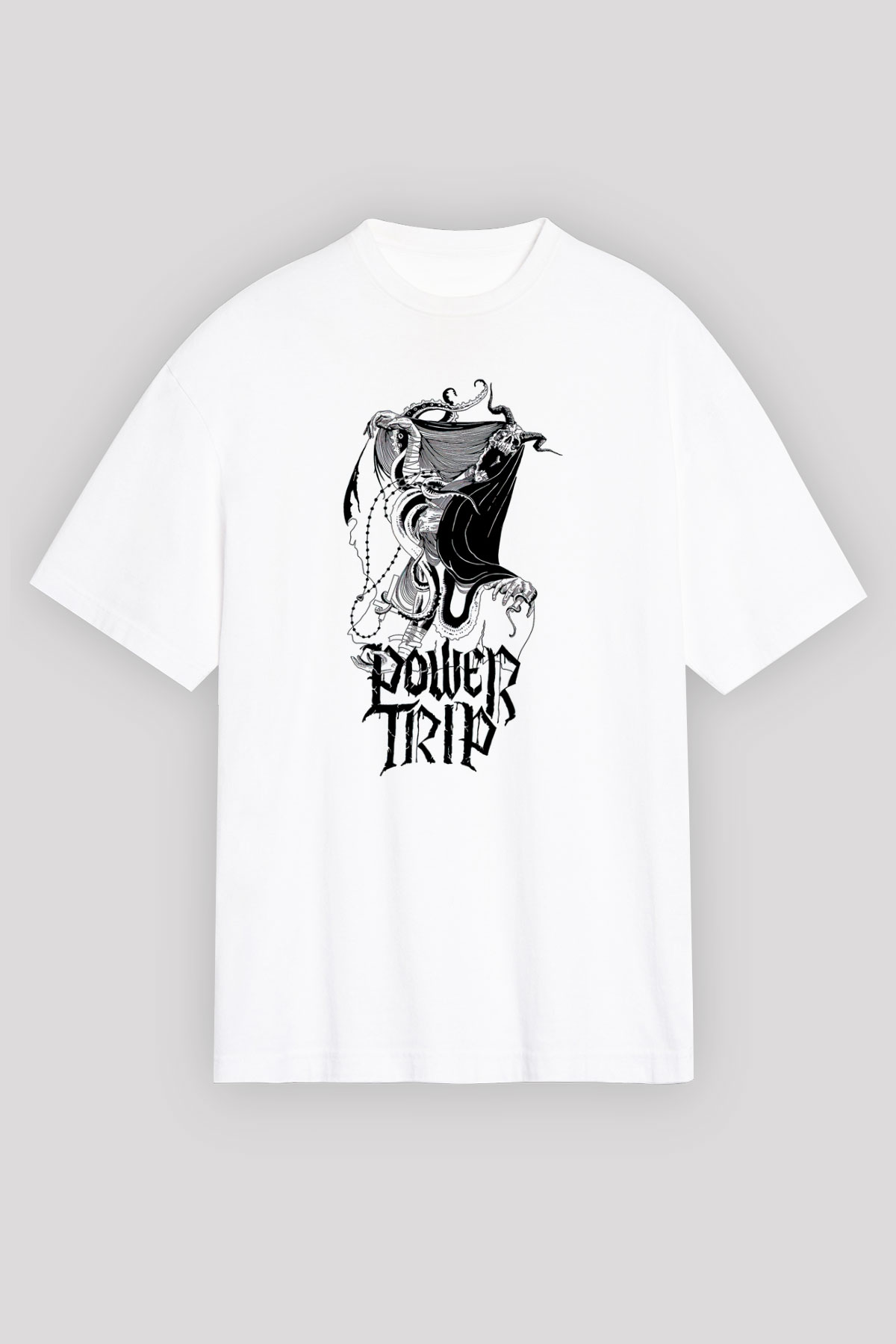 Power Trip Baskılı Beyaz Unisex Oversize Tişört - Tshirt