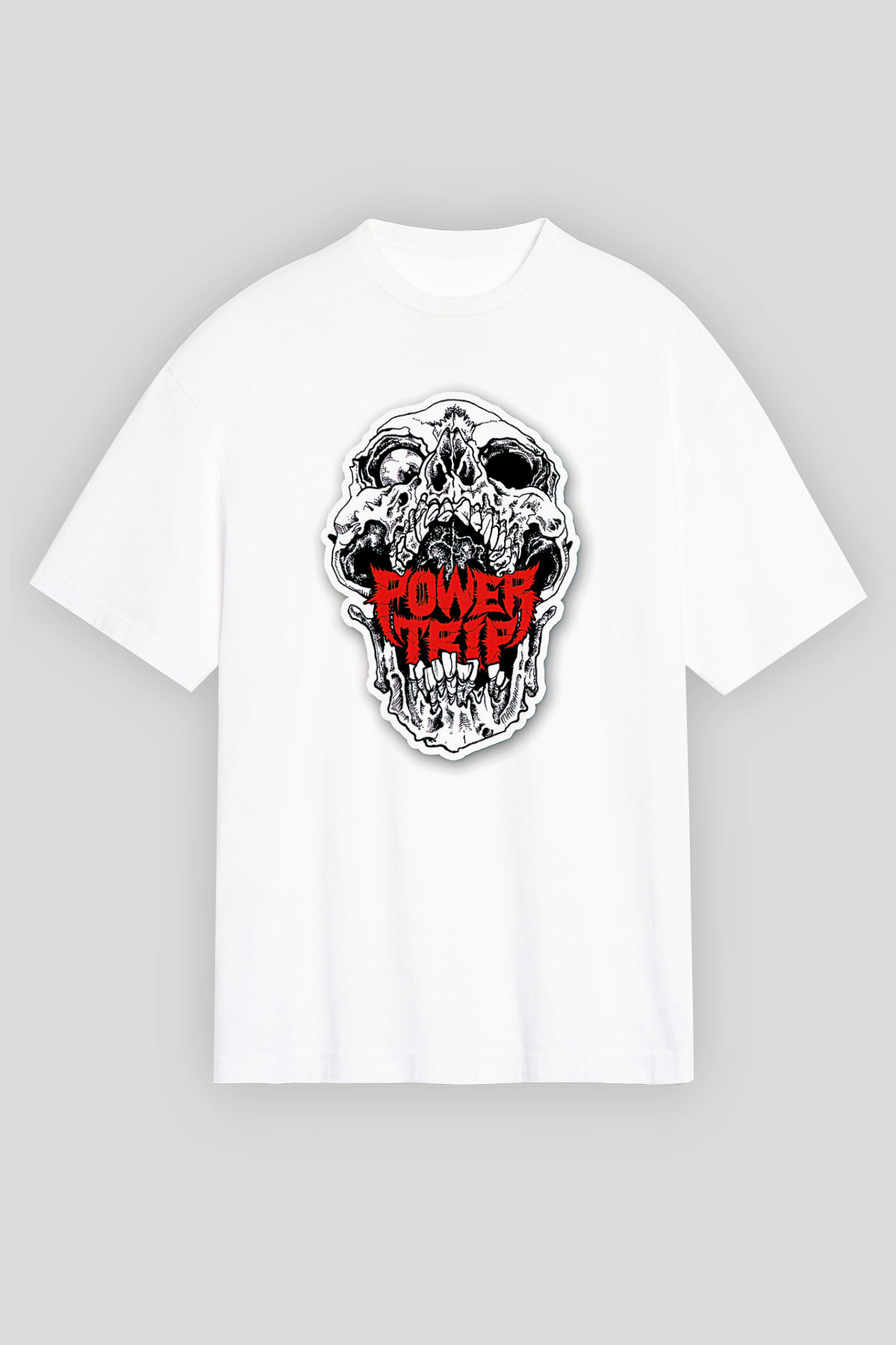 Power Trip Baskılı Beyaz Unisex Oversize Tişört - Tshirt