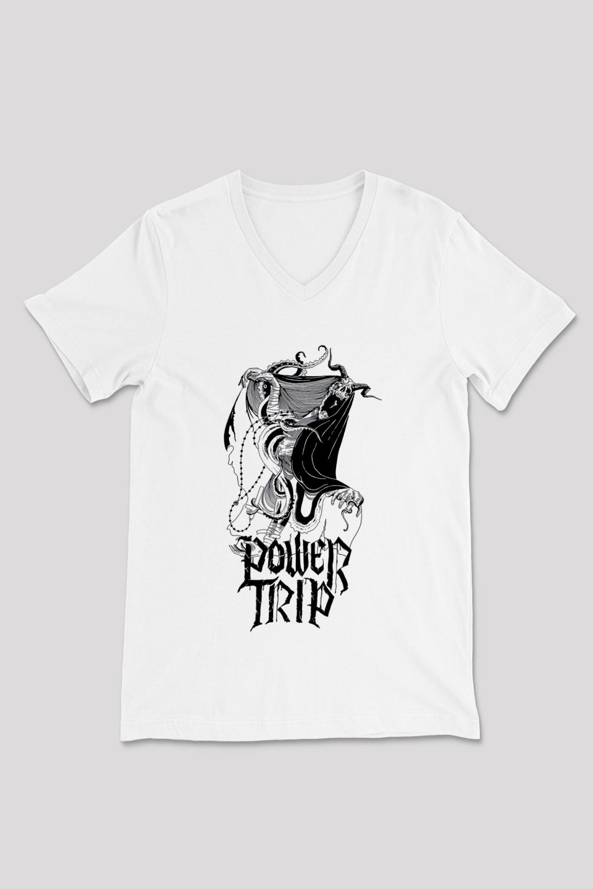 Power Trip Baskılı Beyaz Unisex V Yaka Tişört - Tshirt