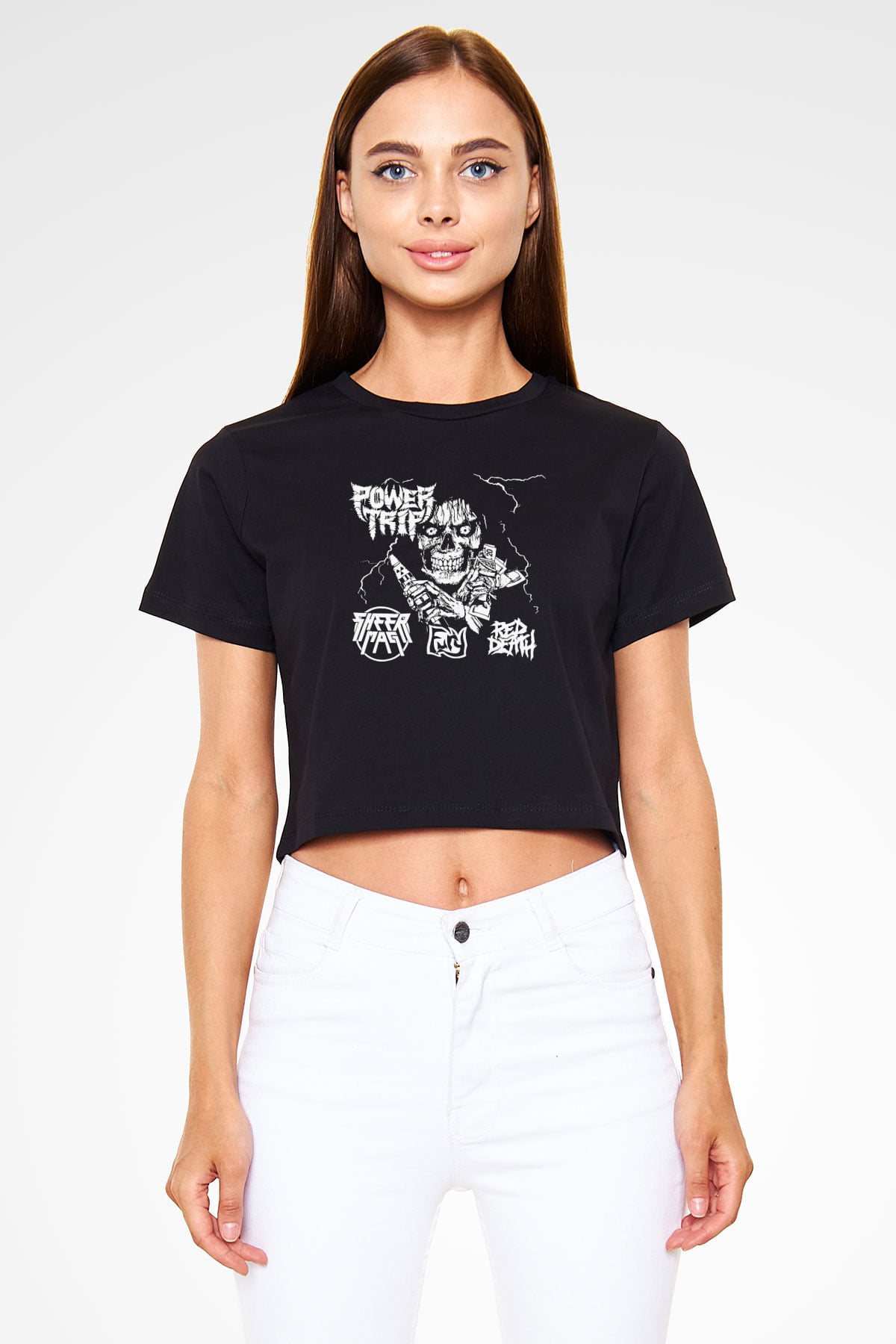 Power Trip Baskılı Siyah Crop Top Kadın Tişört - Tshirt