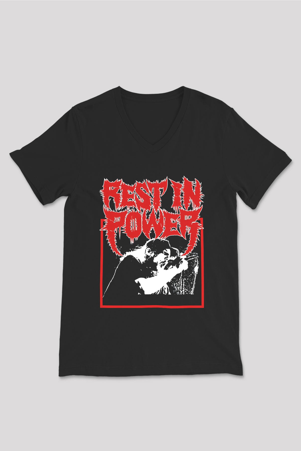 Power Trip Baskılı Unisex Siyah V Yaka Tişört - Tshirt