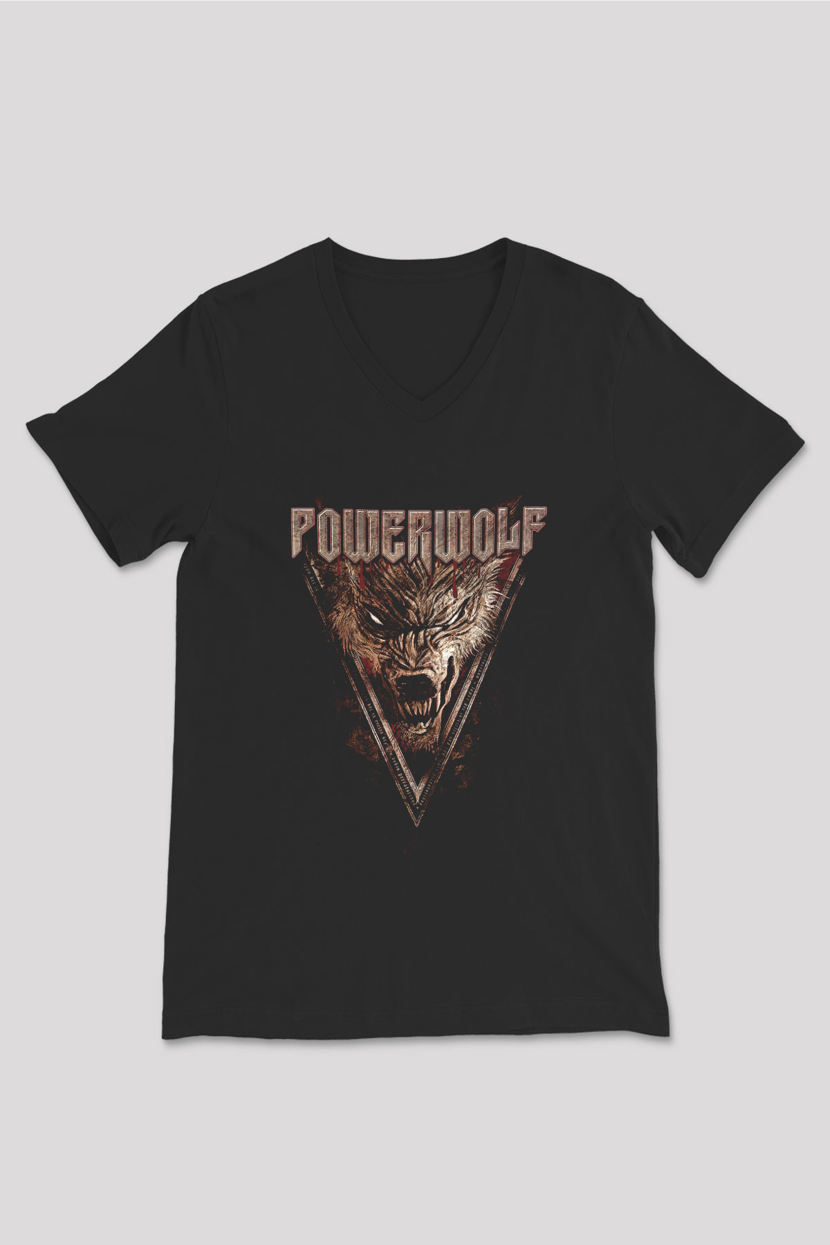Powerwolf Baskılı Unisex Siyah V Yaka Tişört - Tshirt