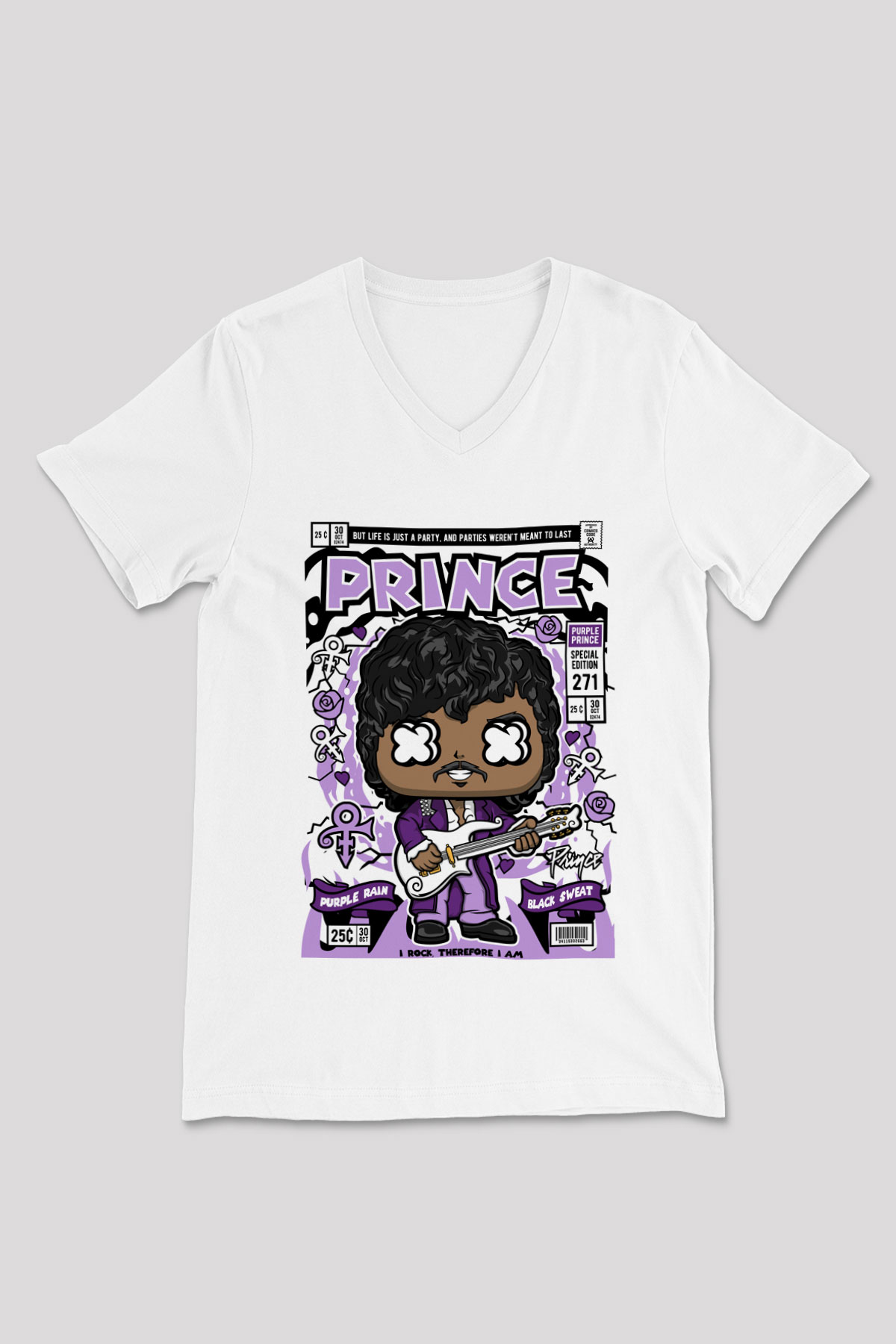 Prince Baskılı Unisex Beyaz V Yaka Tişört