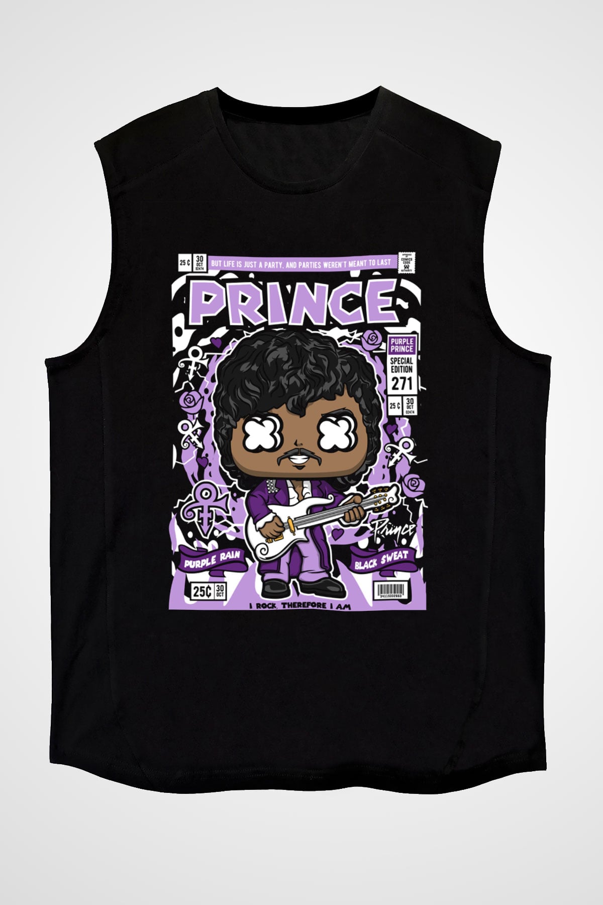 Prince Baskılı Unisex Siyah Kolsuz Tişört