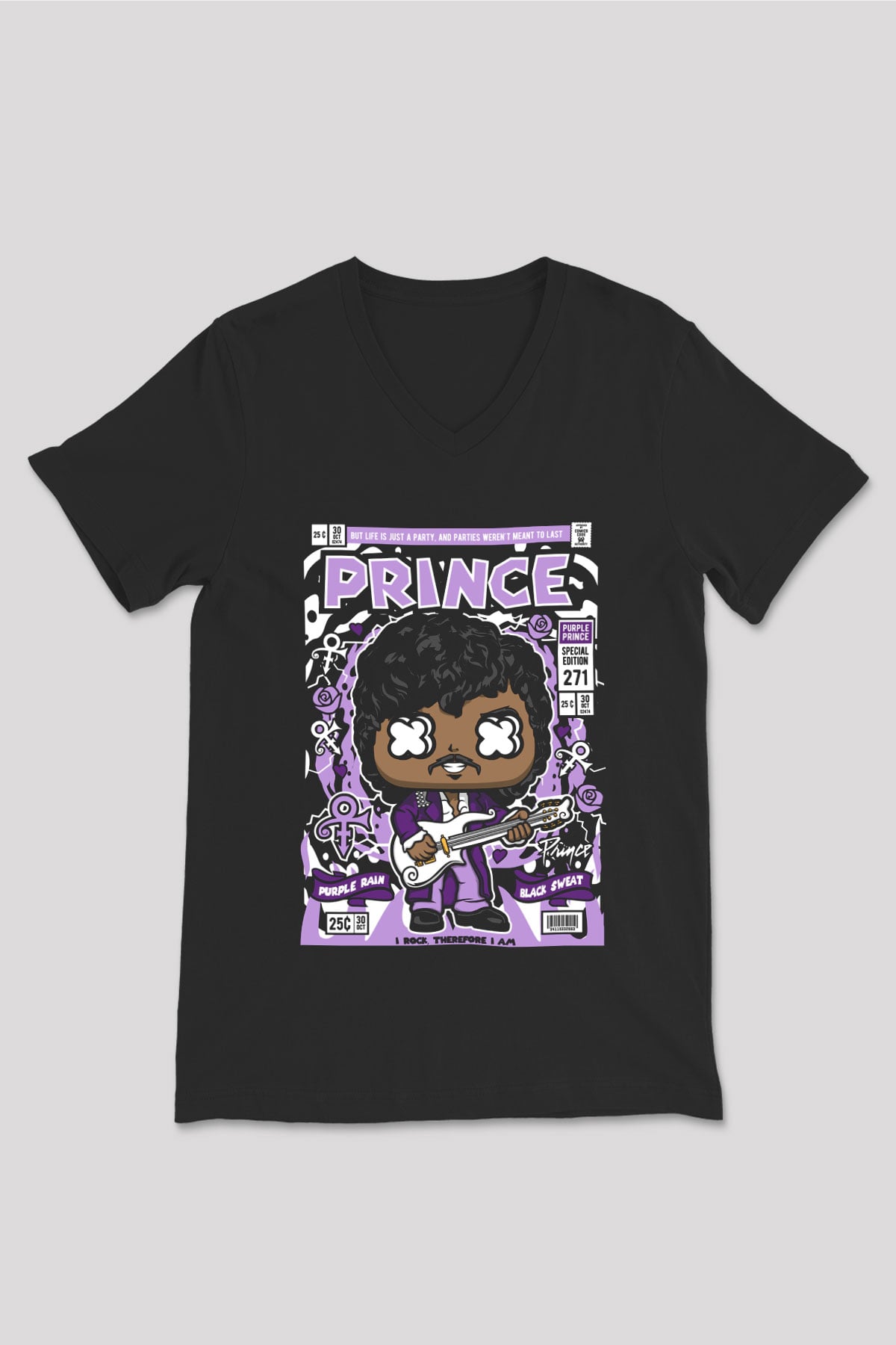 Prince Baskılı Unisex Siyah V Yaka Tişört