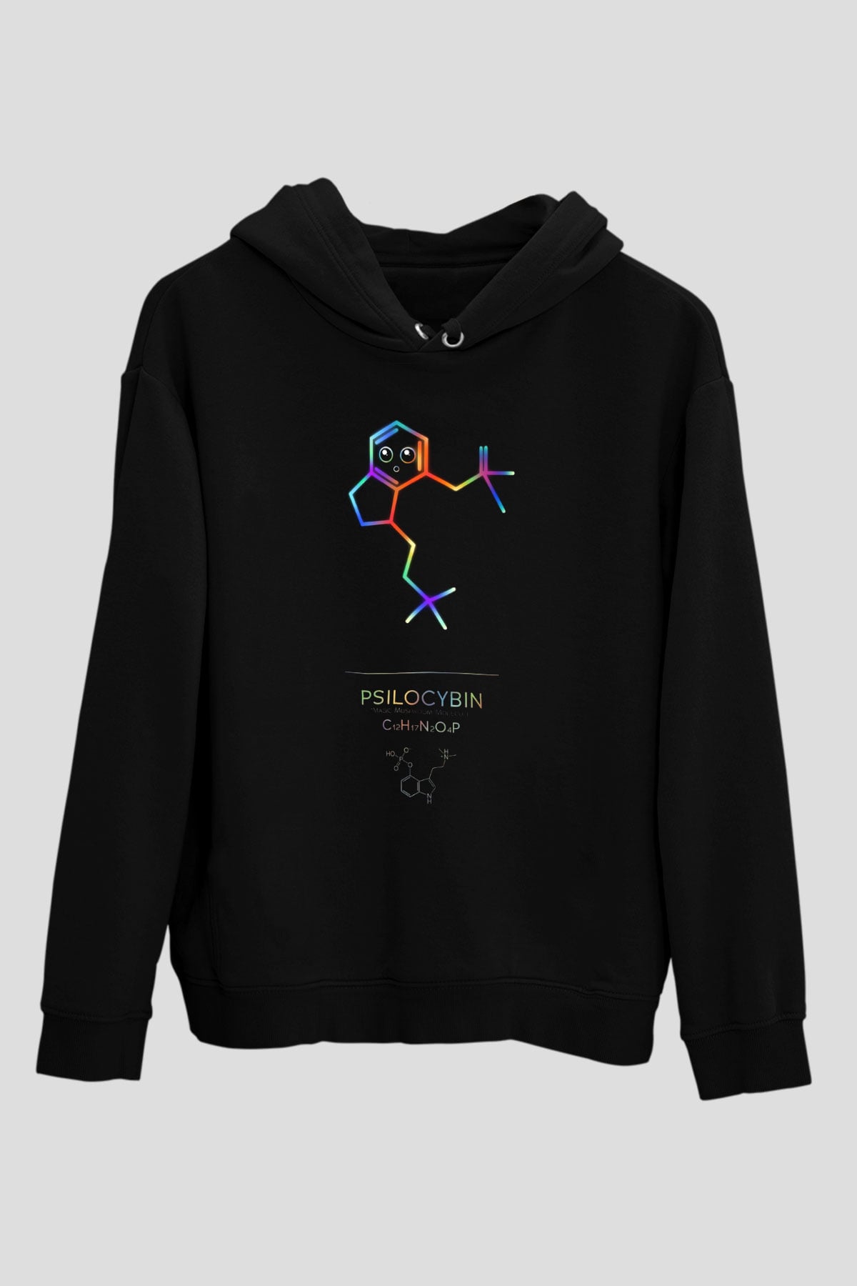 Psilosibin Baskılı Unisex Siyah Kapüşonlu Sweatshirt