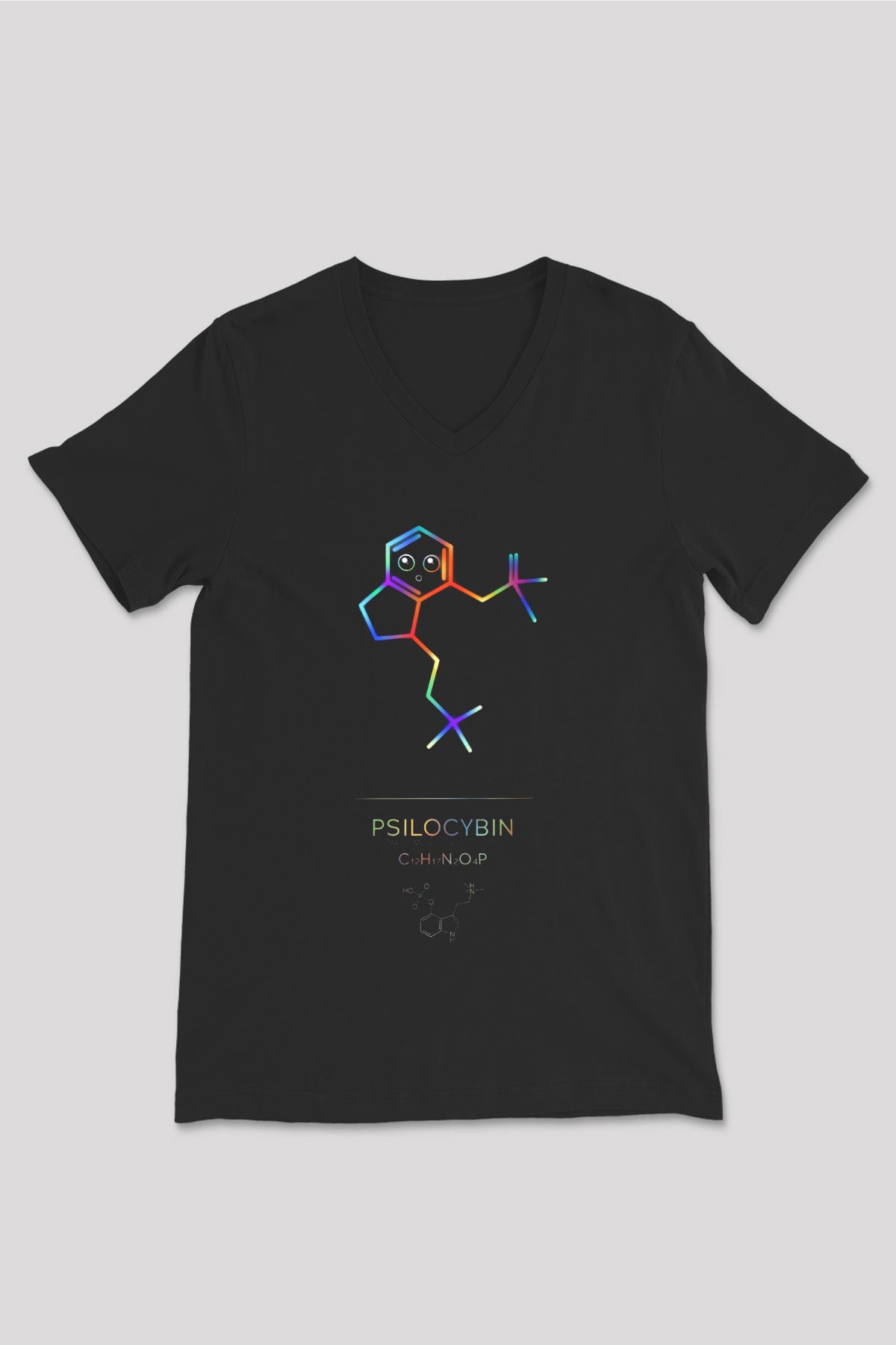 Psilosibin Baskılı Unisex V Yaka Siyah Tİşört - Tshirt