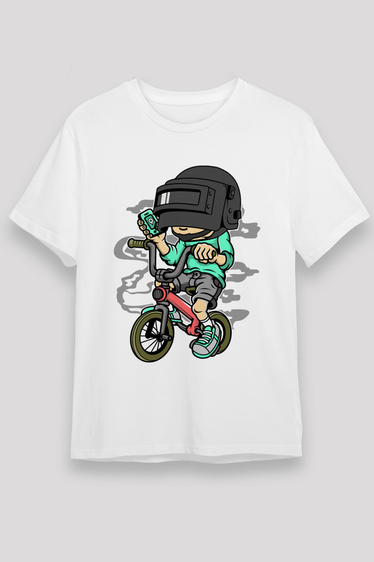 PUBG Biker Baskılı Unisex Beyaz Tişört
