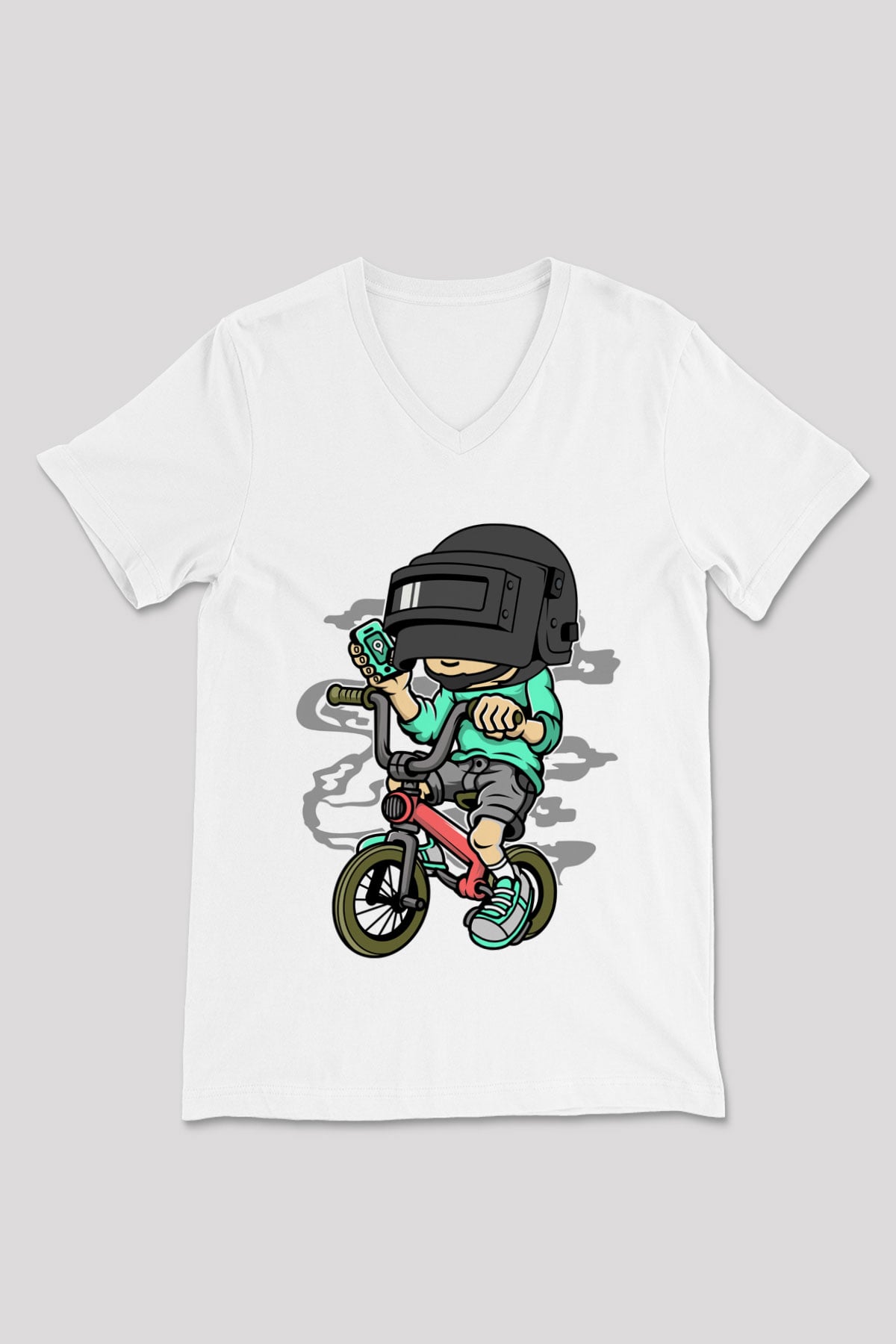 PUBG Biker Baskılı Unisex Beyaz V Yaka Tişört