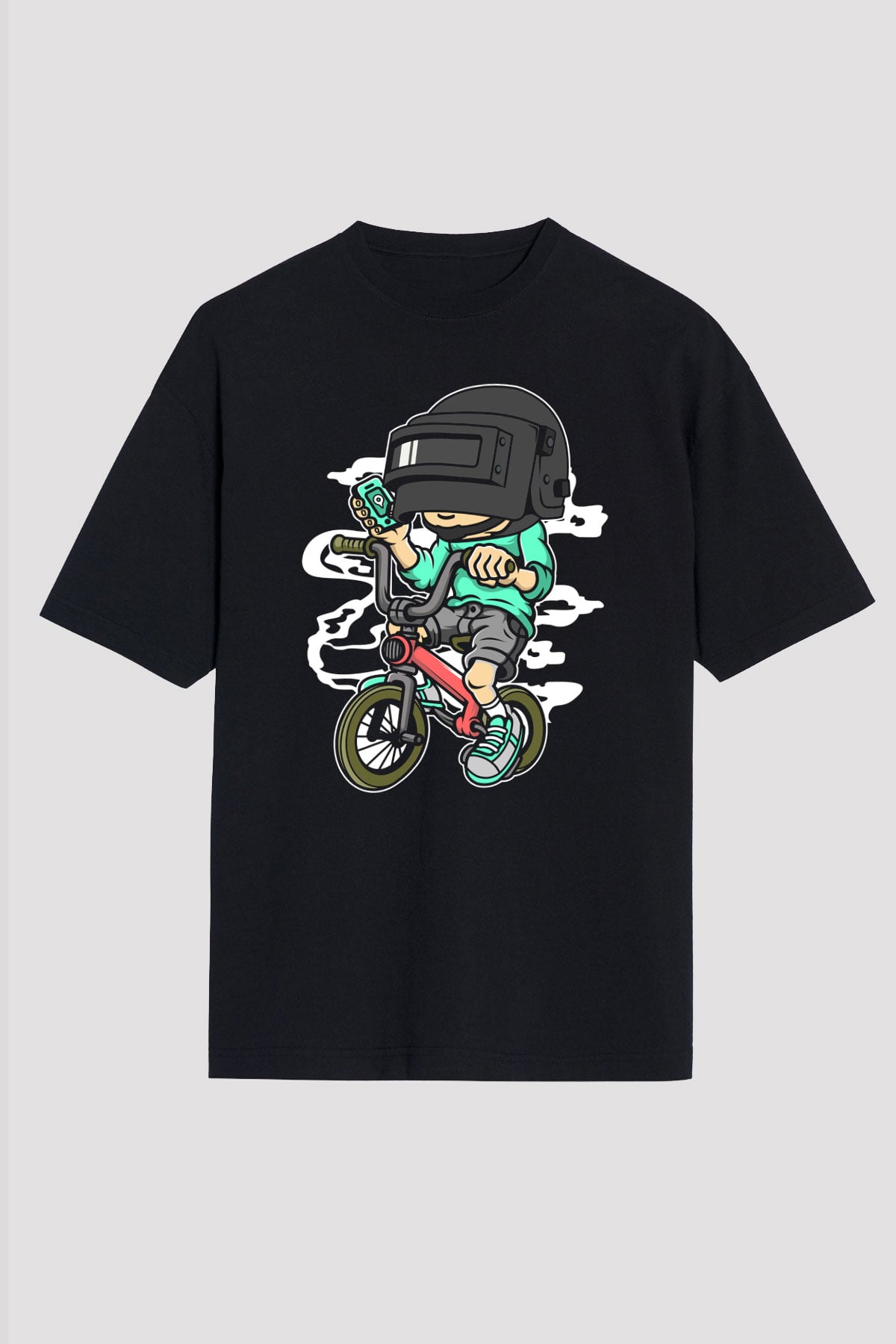 PUBG Biker Baskılı Unisex Siyah Oversize Tişört