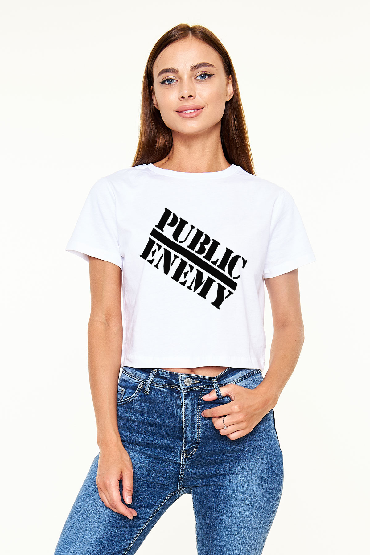Public Enemy Beyaz Croptop Tişört