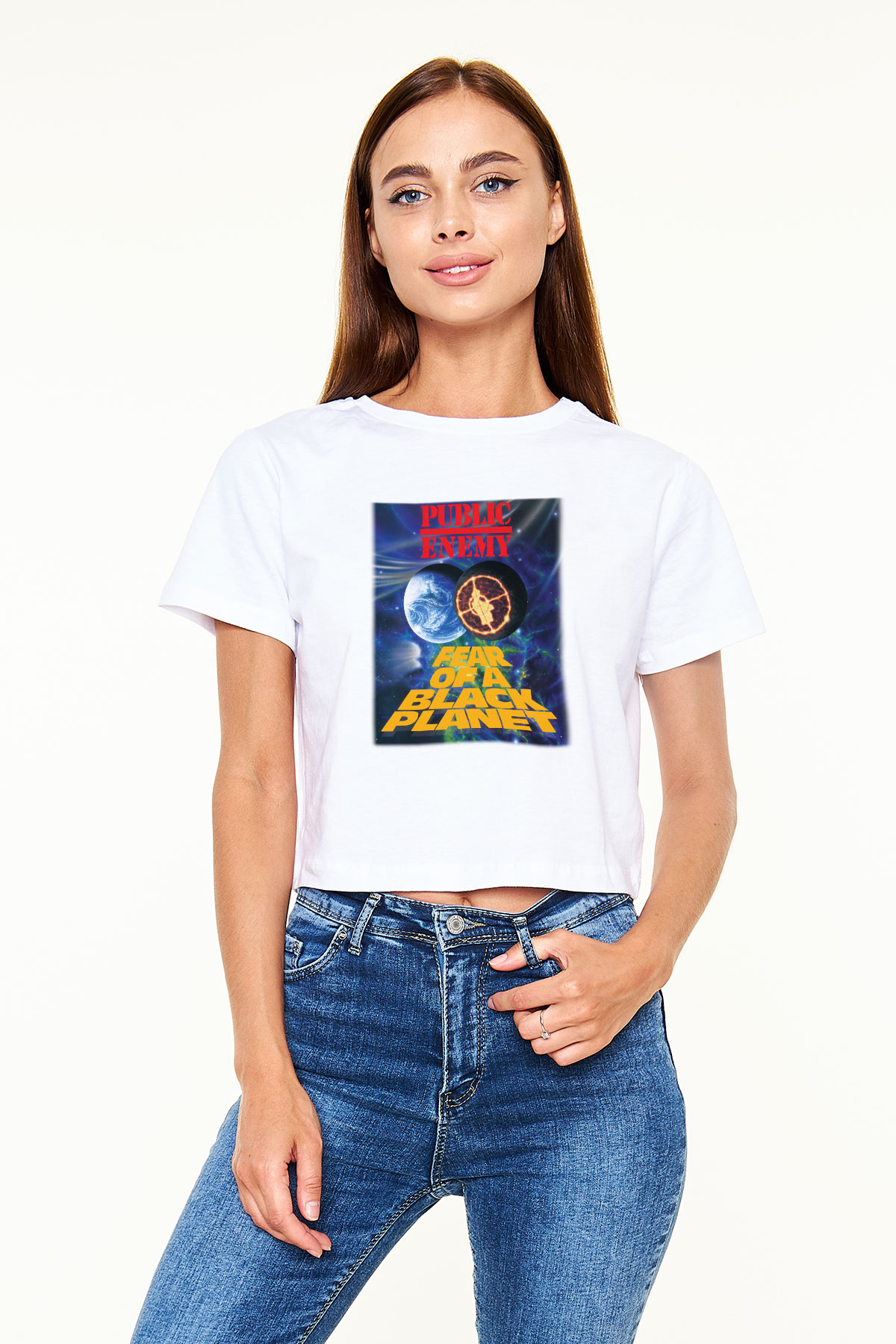 Public Enemy Beyaz Croptop Tişört