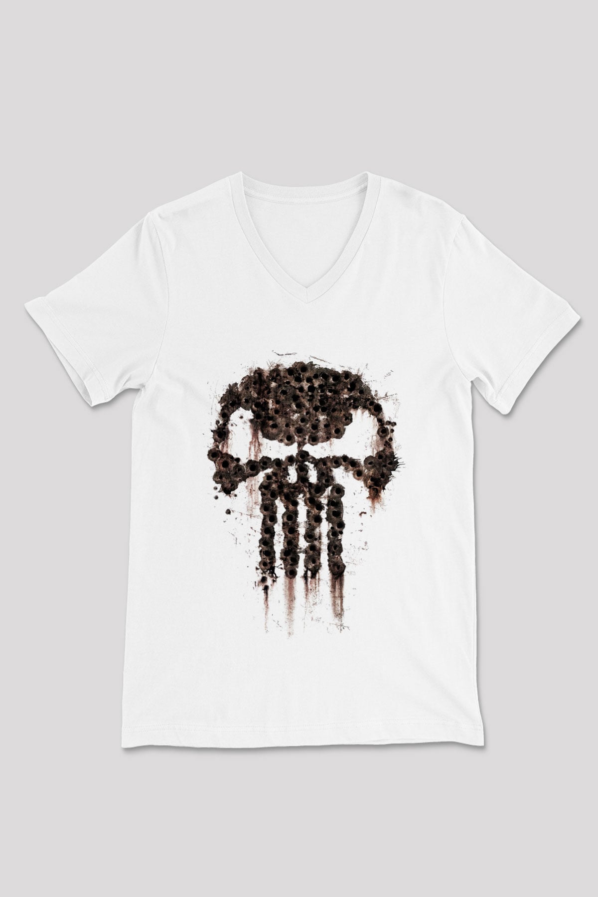 Punisher Beyaz Unisex V Yaka Tişört T-Shirt