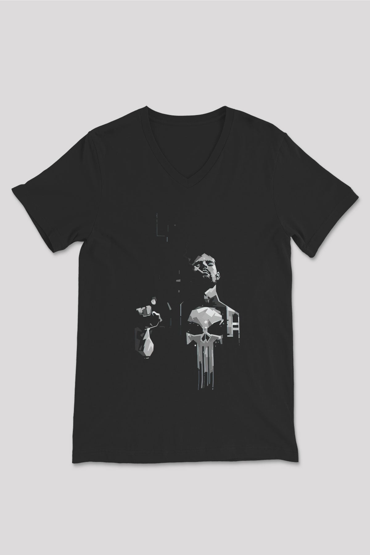 Punisher Siyah Unisex V Yaka Tişört