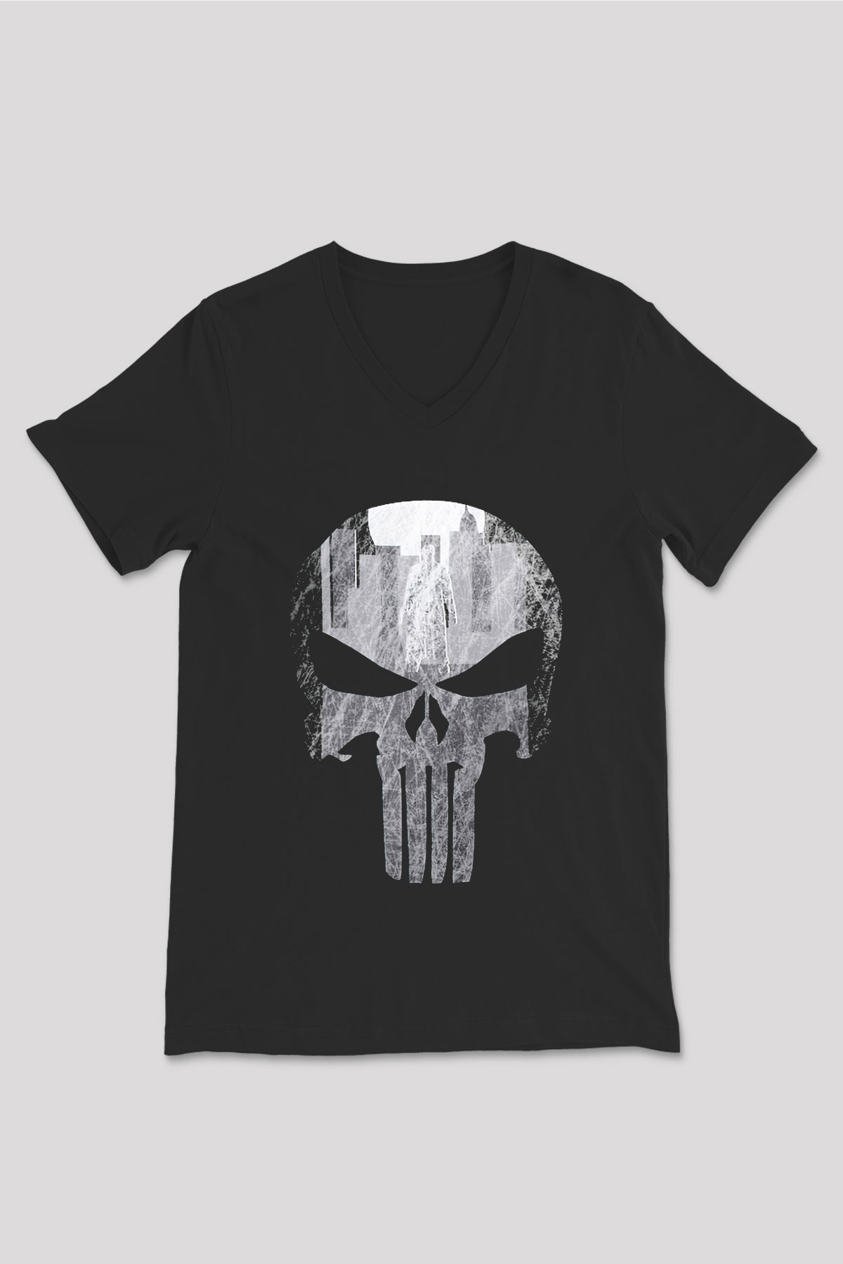 Punisher Siyah Unisex V Yaka Tişört T-Shirt
