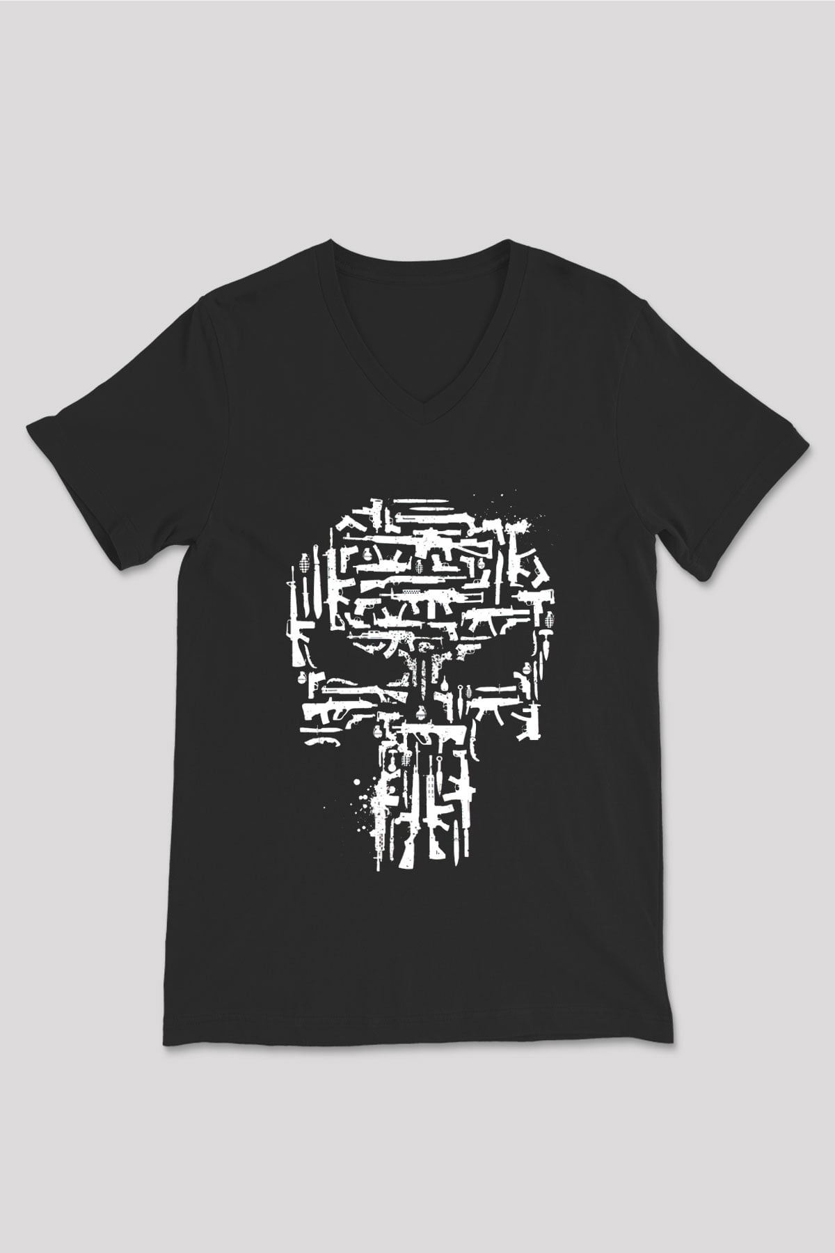 Punisher Siyah Unisex V Yaka Tişört T-Shirt