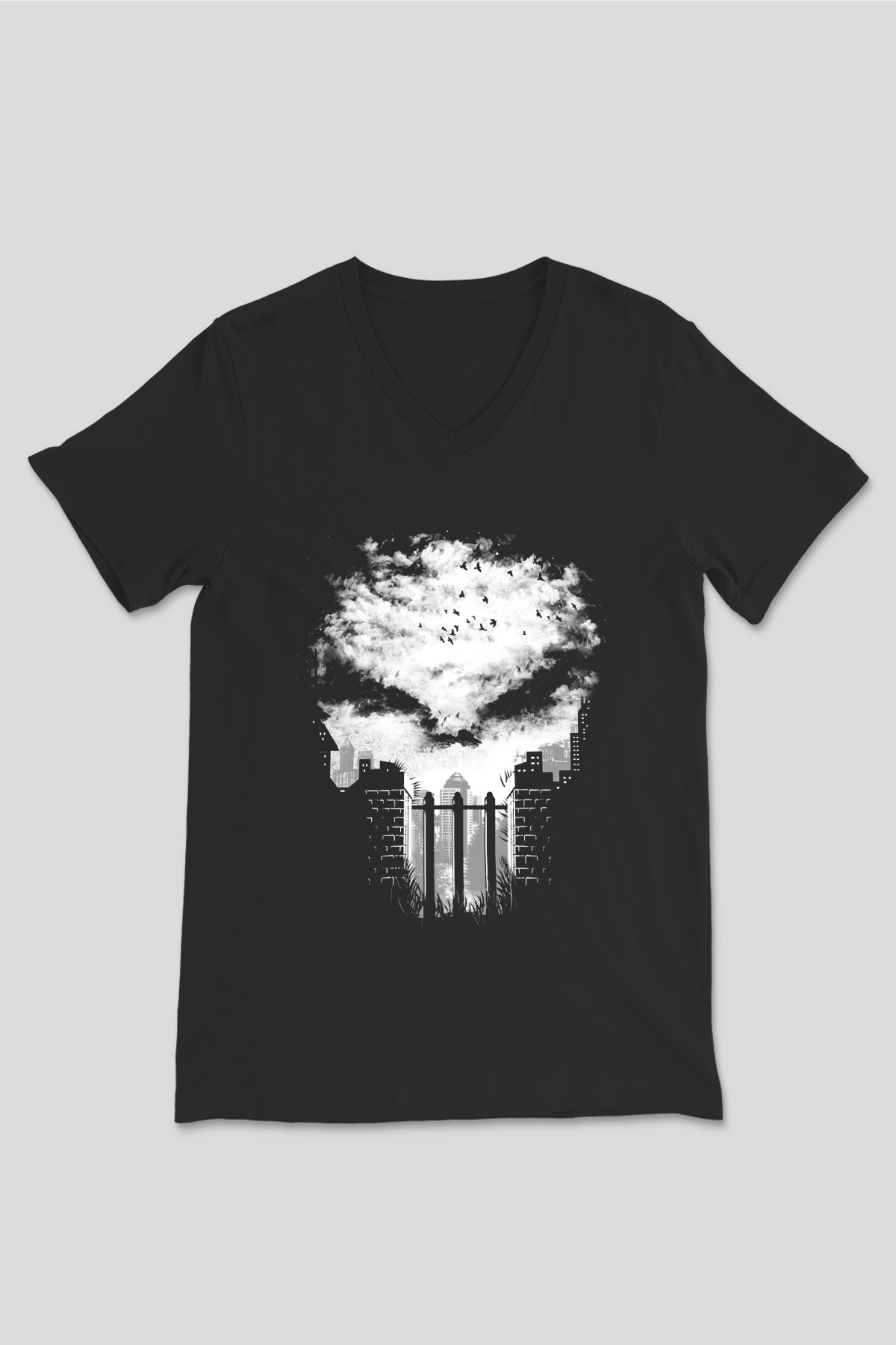 Punisher Siyah Unisex V Yaka Tişört T-Shirt