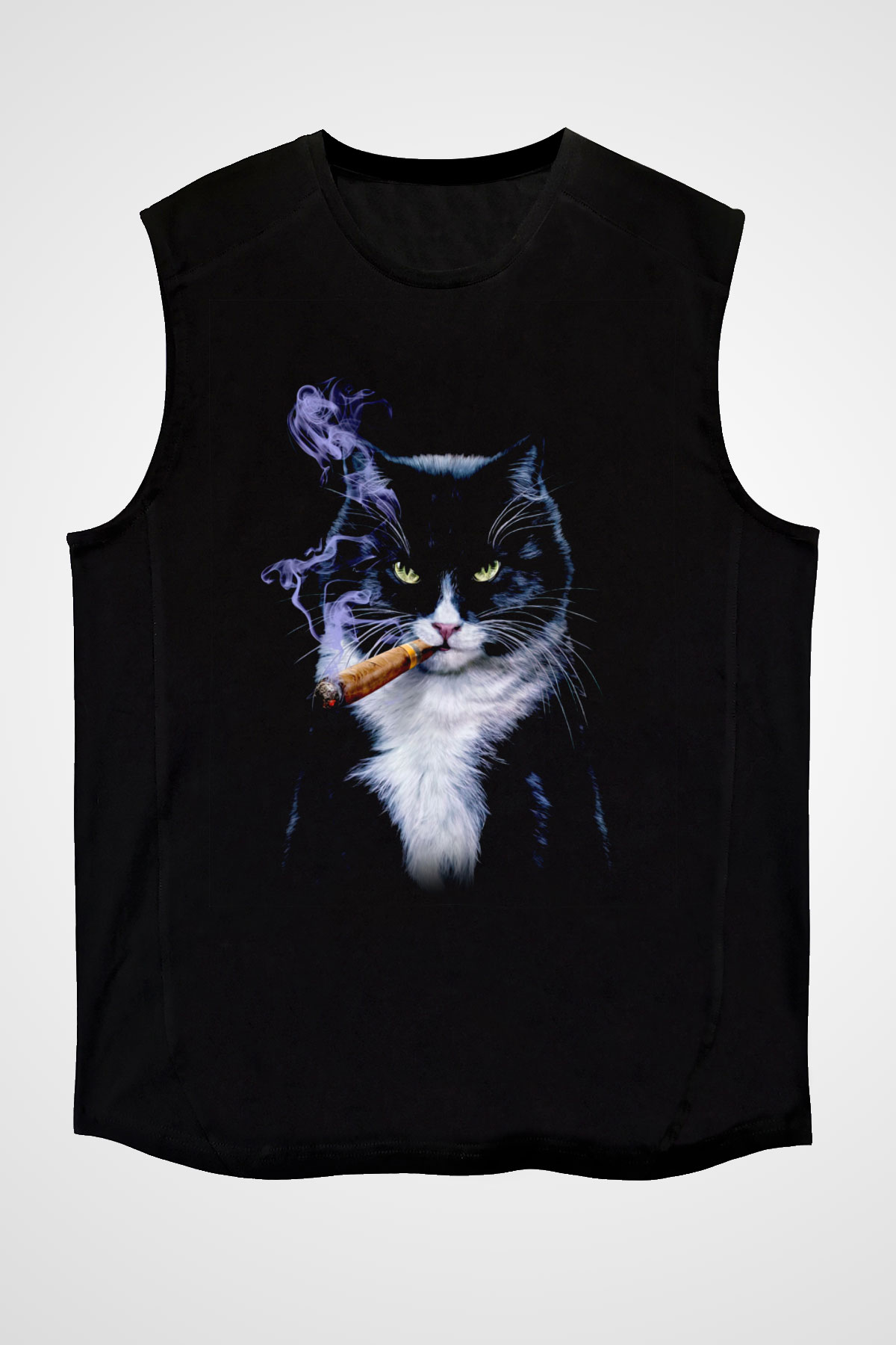 Puro İçen Karizmatik Kedi Baskılı Unisex Siyah  Kolsuz Tişört