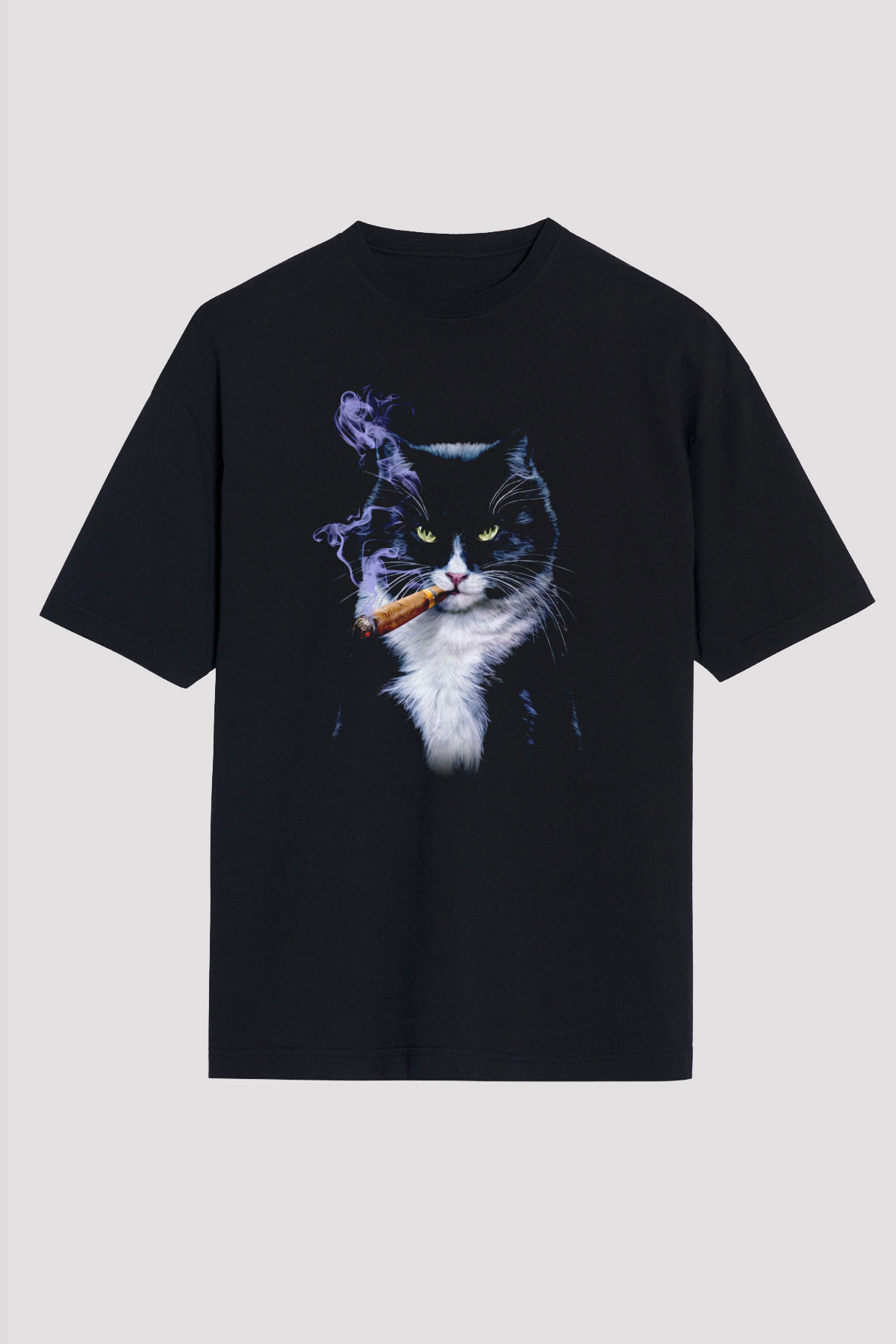Puro İçen Karizmatik Kedi Baskılı Unisex Siyah Tişört