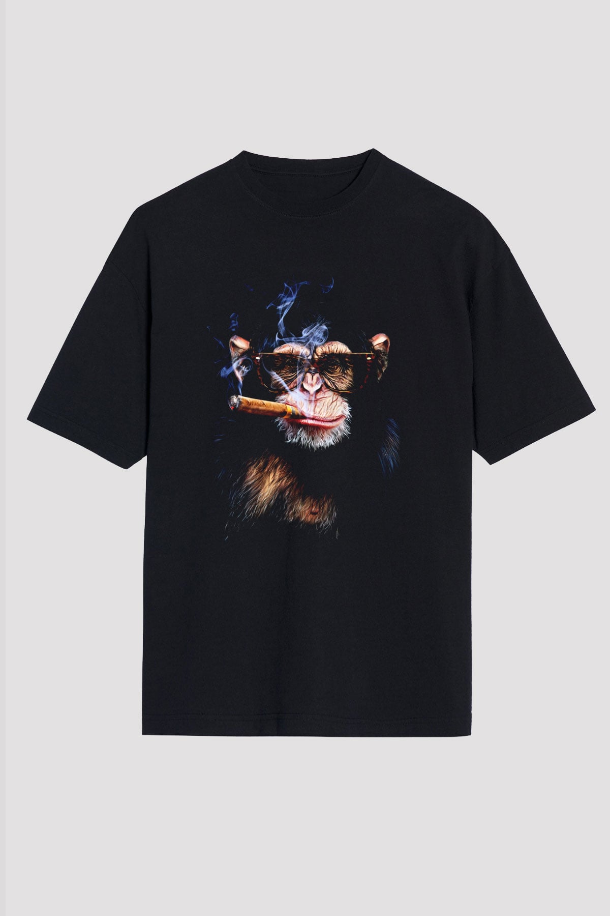 Puro İçen Şempanze Baskılı Unisex Siyah Tişört