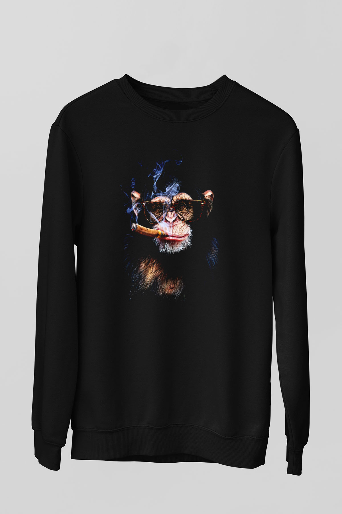Puro İçen Şempanze Baskılı Unisex Siyah  Sweatshirt