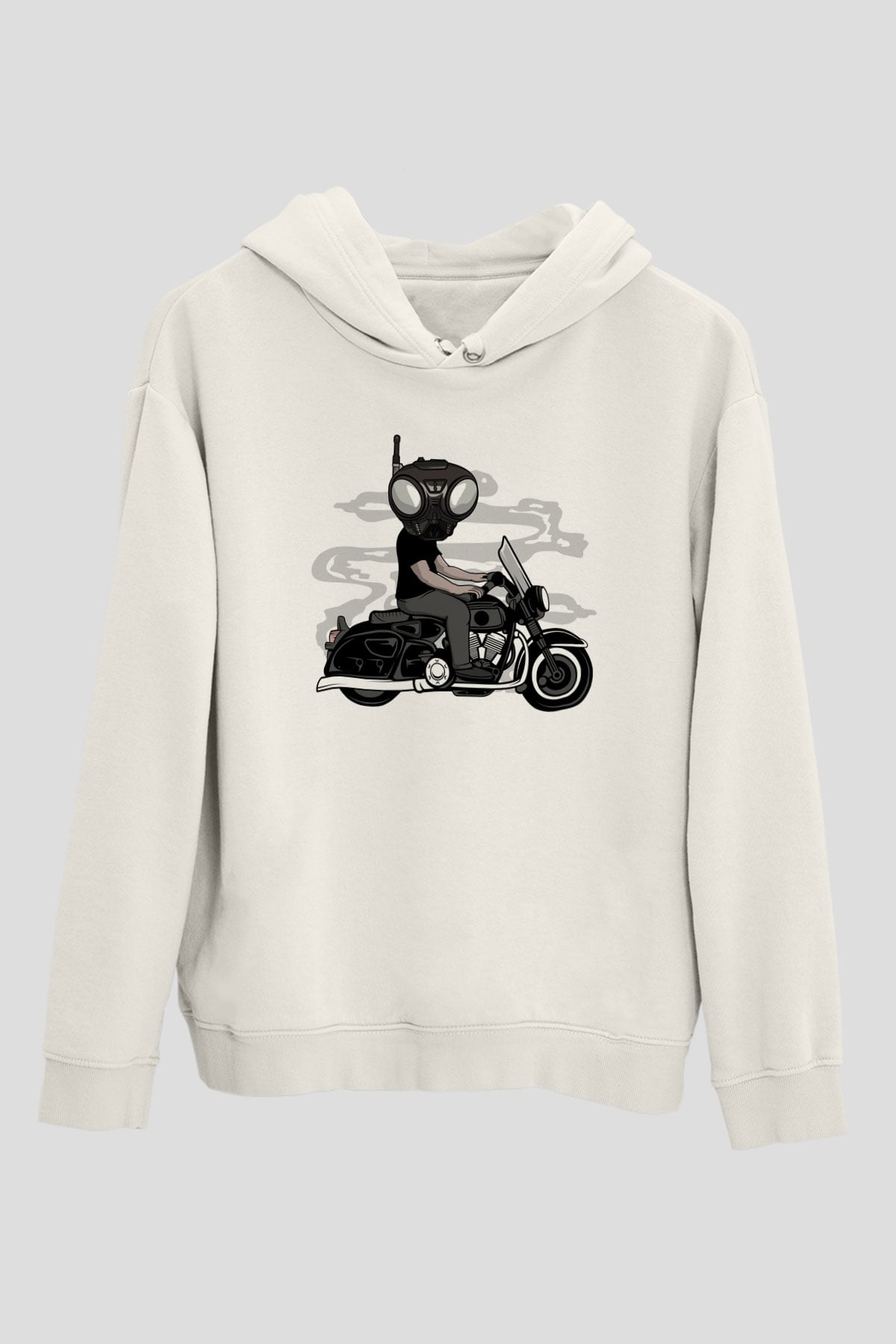 Q9-O Biker Baskılı Beyaz Unisex Hoodie