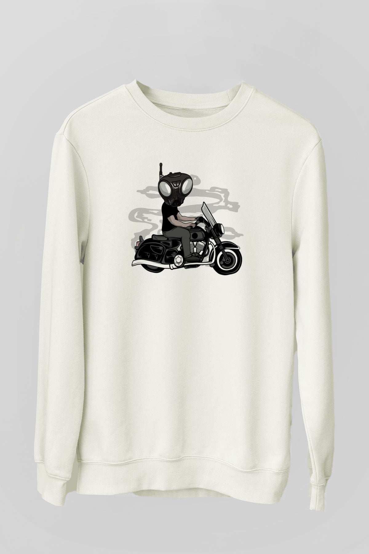 Q9-O Biker Baskılı Beyaz Unisex Sweatshirt