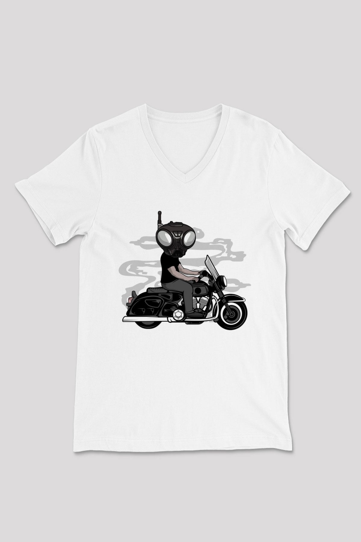 Q9-O Biker Baskılı Beyaz Unisex V Yaka Tişört