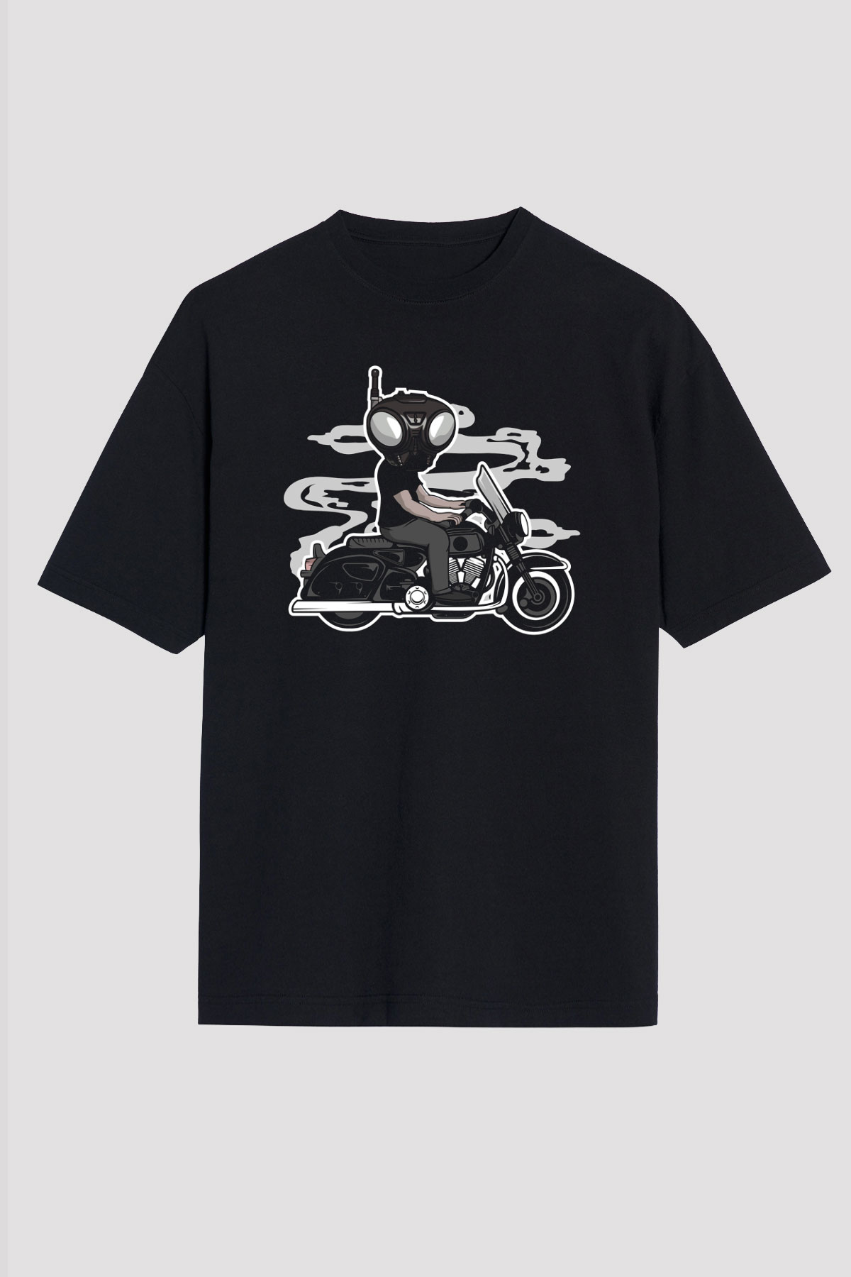 Q9-O Biker Baskılı Siyah Unisex Oversize Tişört
