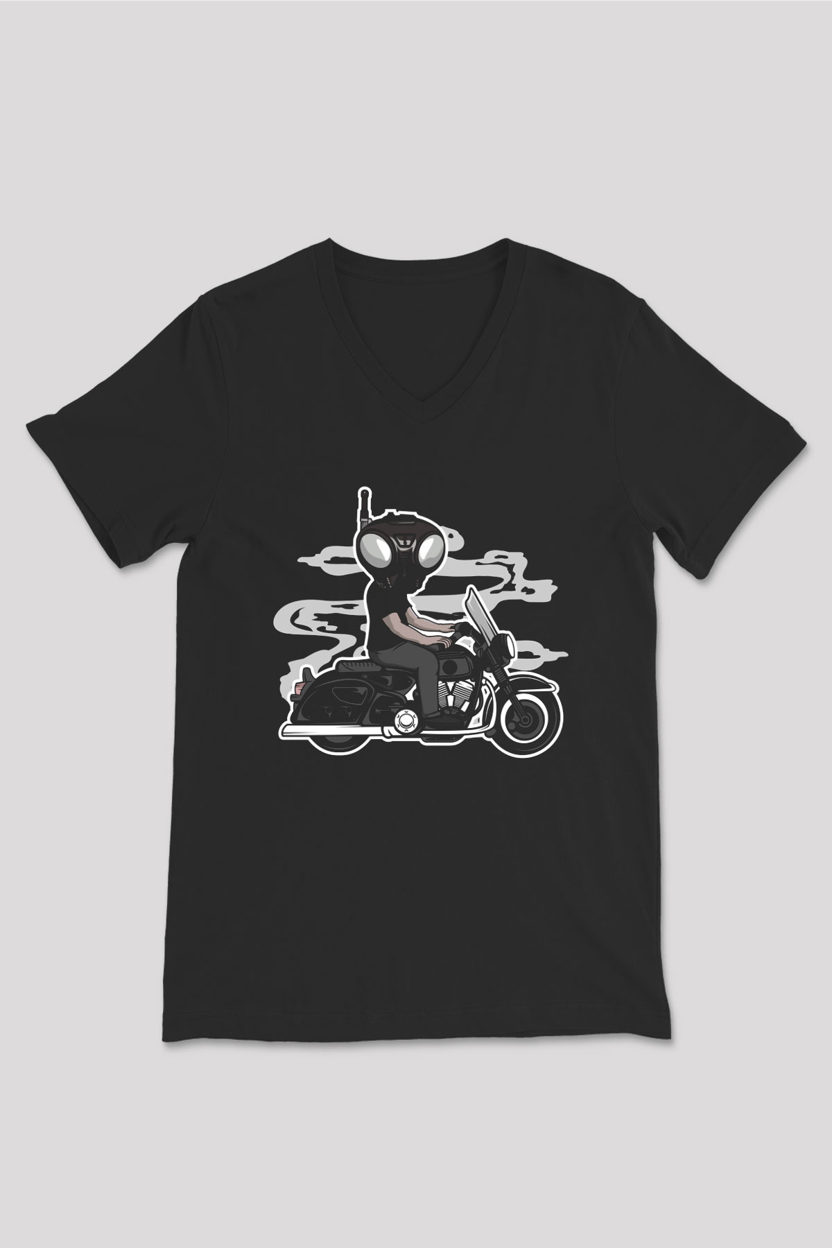 Q9-O Biker Baskılı Siyah Unisex V Yaka Tişört
