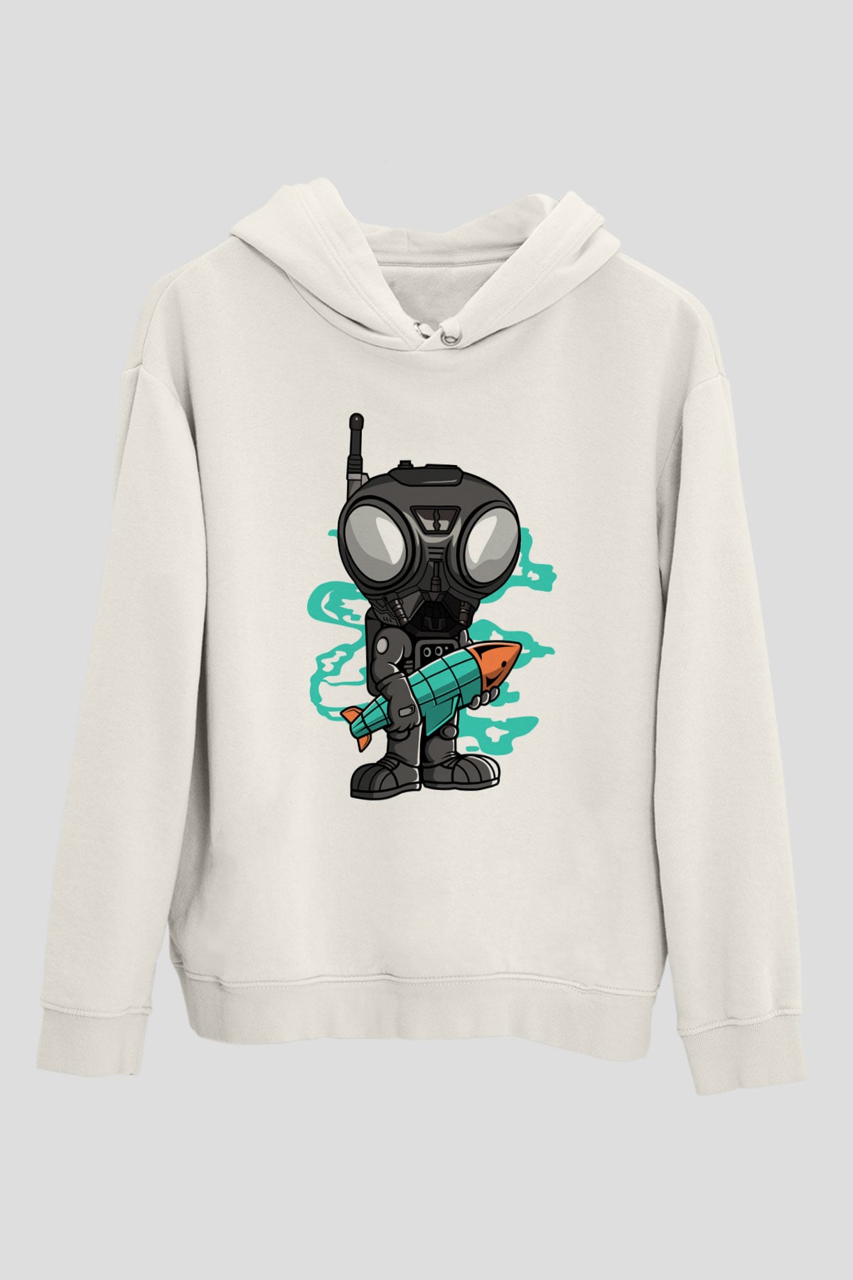 Q9-O Rocket Baskılı Beyaz Unisex Hoodie