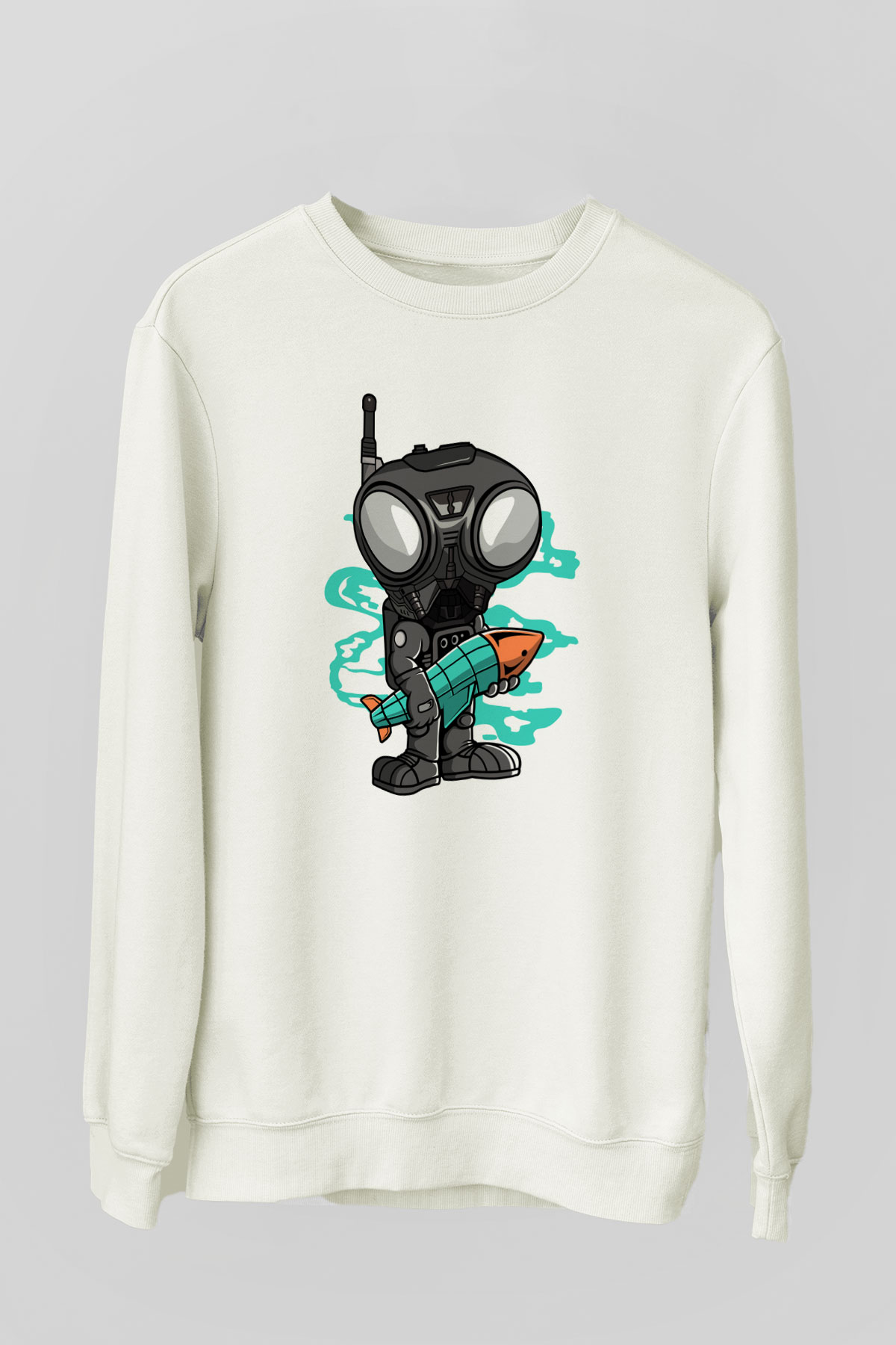 Q9-O Rocket Baskılı Beyaz Unisex Sweatshirt