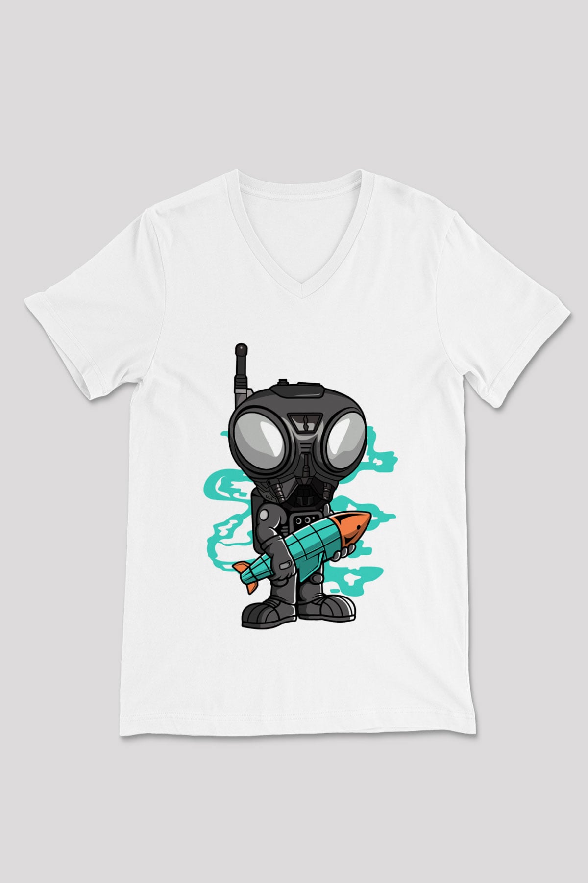 Q9-O Rocket Baskılı Beyaz Unisex V Yaka Tişört