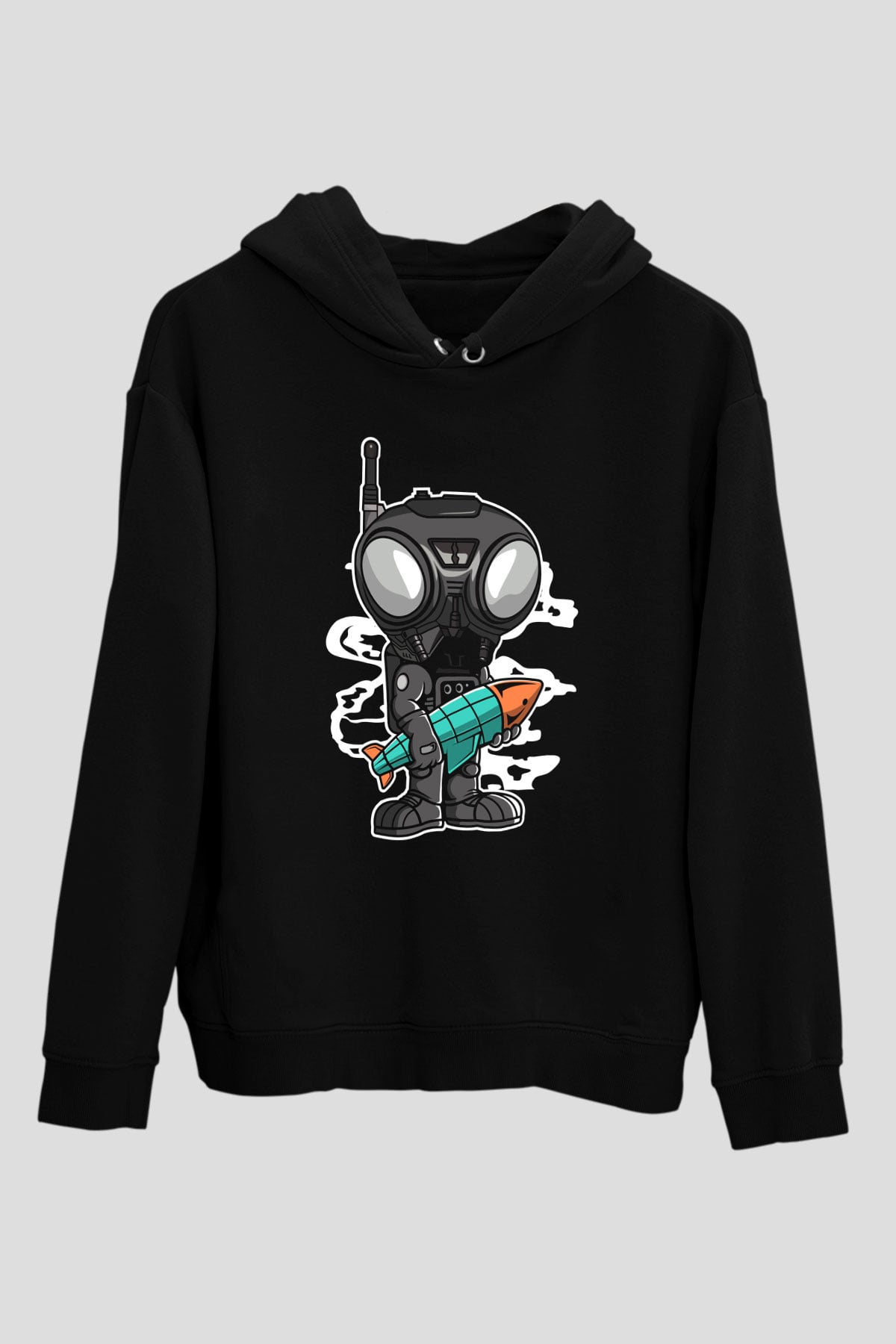 Q9-O Rocket Baskılı Siyah Unisex Hoodie