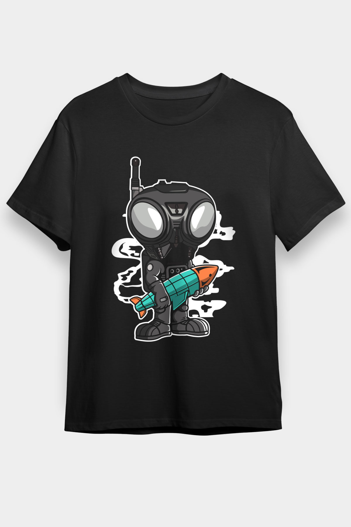 Q9-O Rocket Baskılı Siyah Unisex Tişört