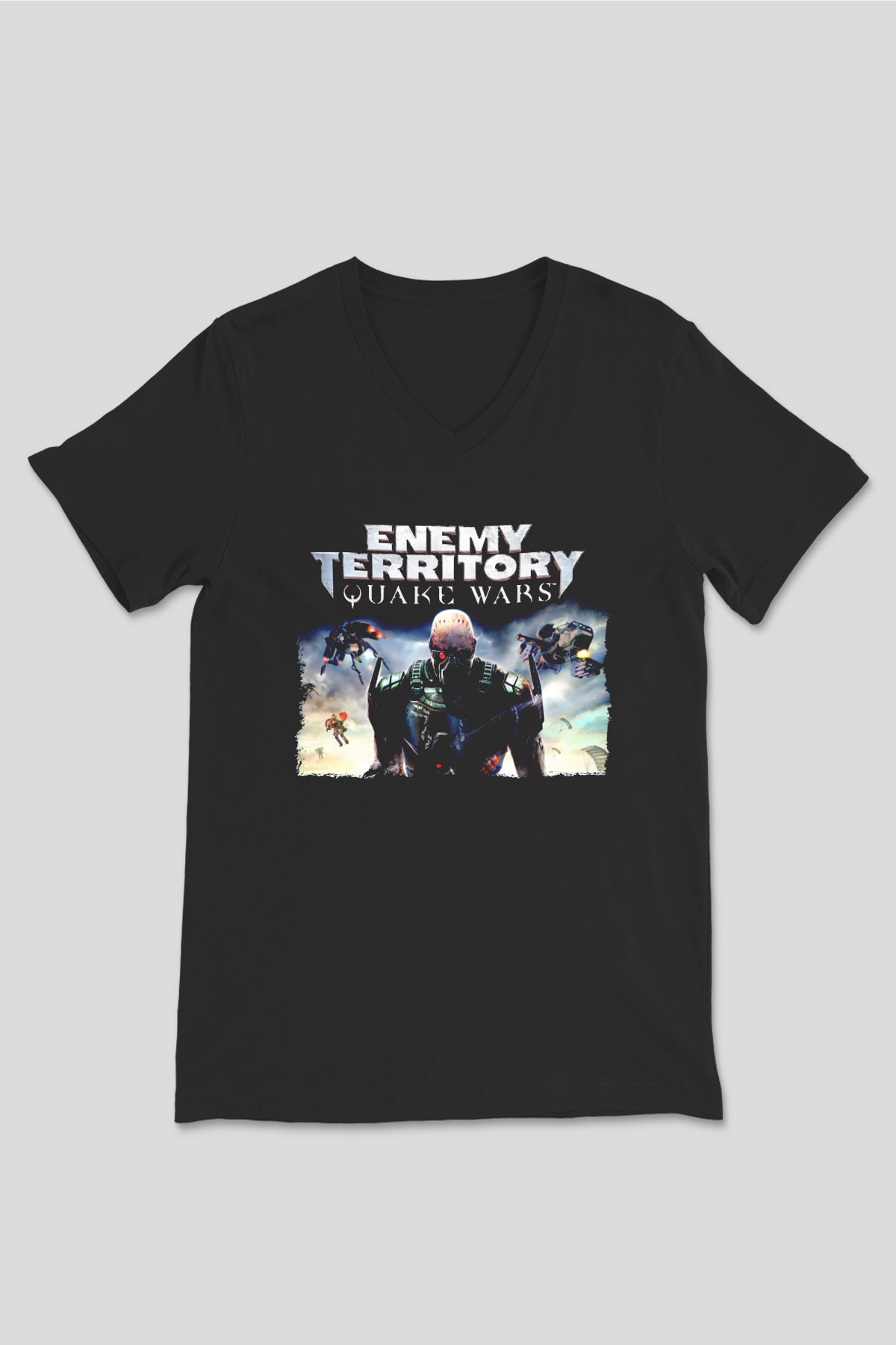 Quake Wars Siyah Unisex V Yaka Tişört